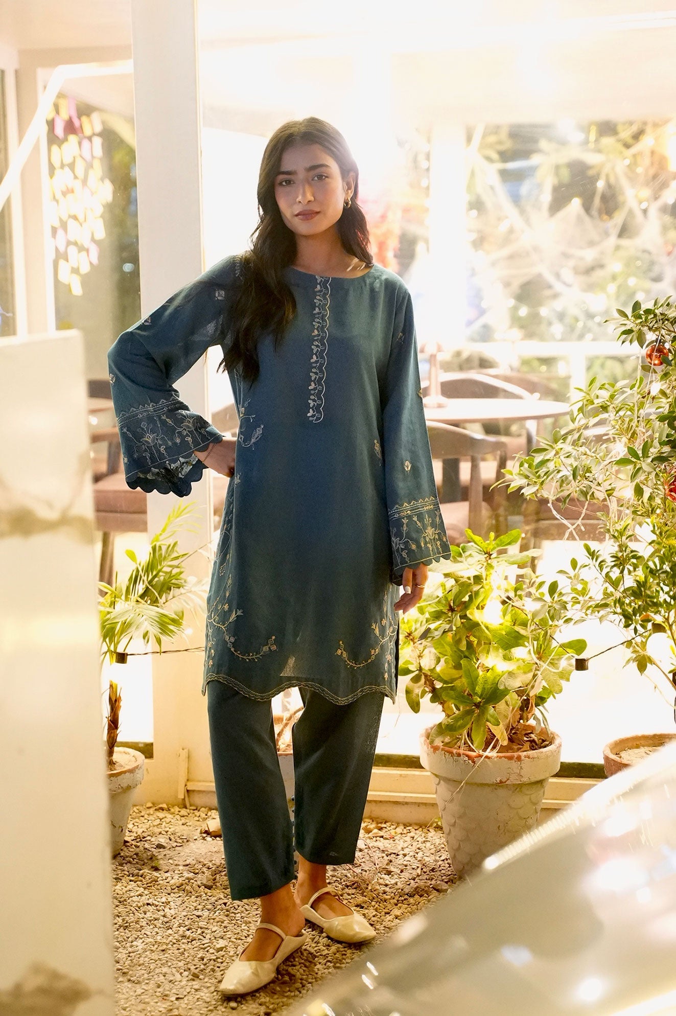 FW25DC-2884 TURQUOISE BLUE 2PCS EMBROIDERED KURTA WITH TROUSER