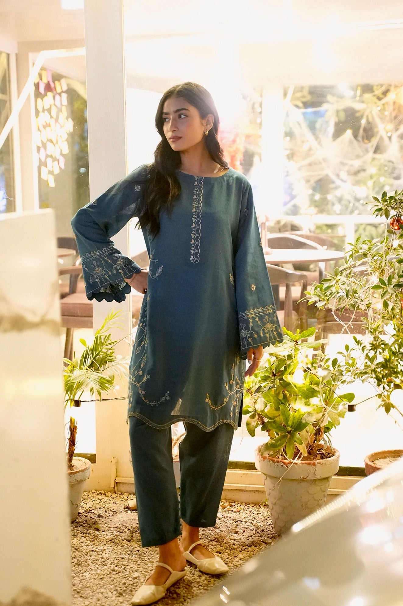 FW25DC-2884 TURQUOISE BLUE 2PCS EMBROIDERED KURTA WITH TROUSER