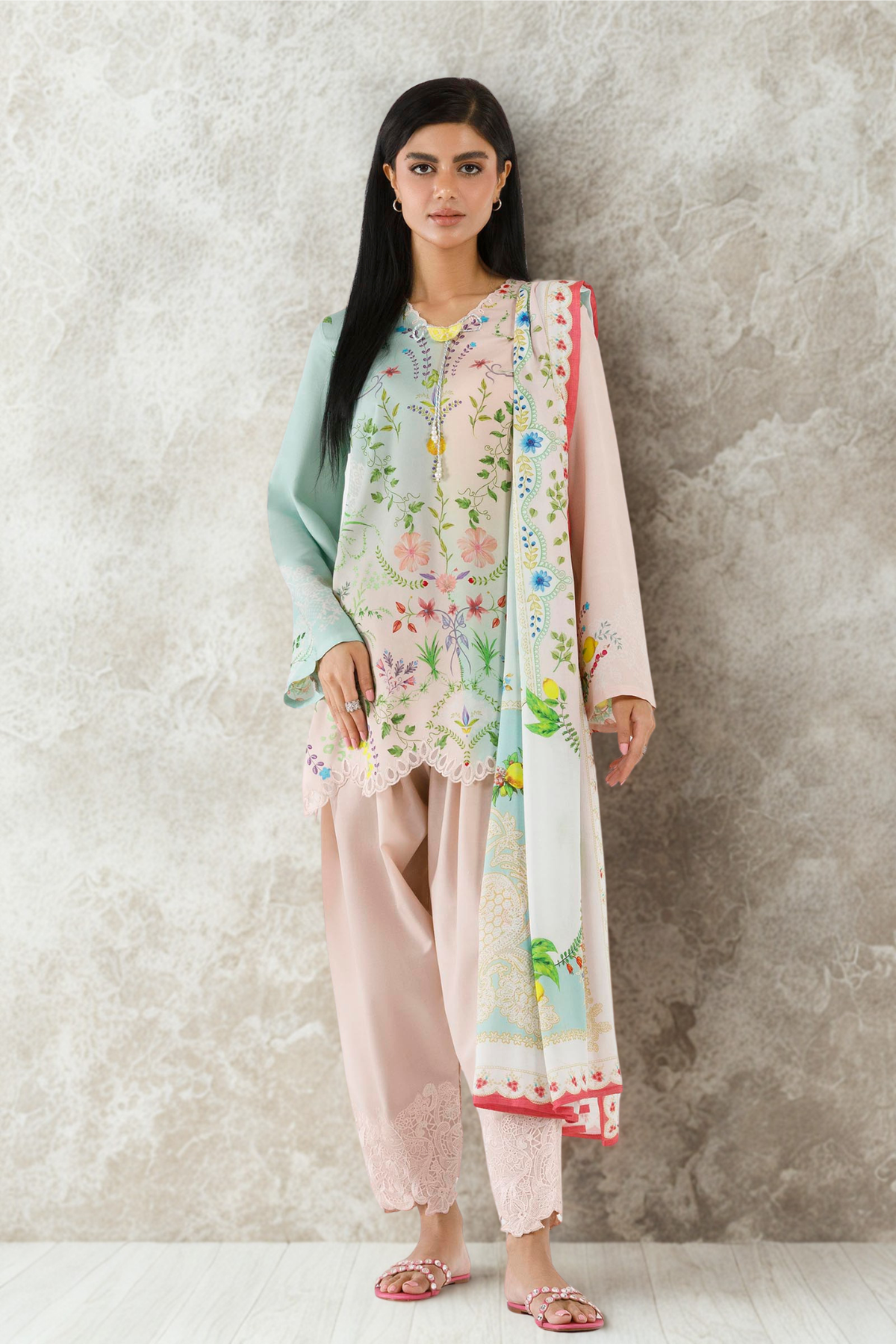Stitched Embroidered Muzlin Suit - 1000000092489