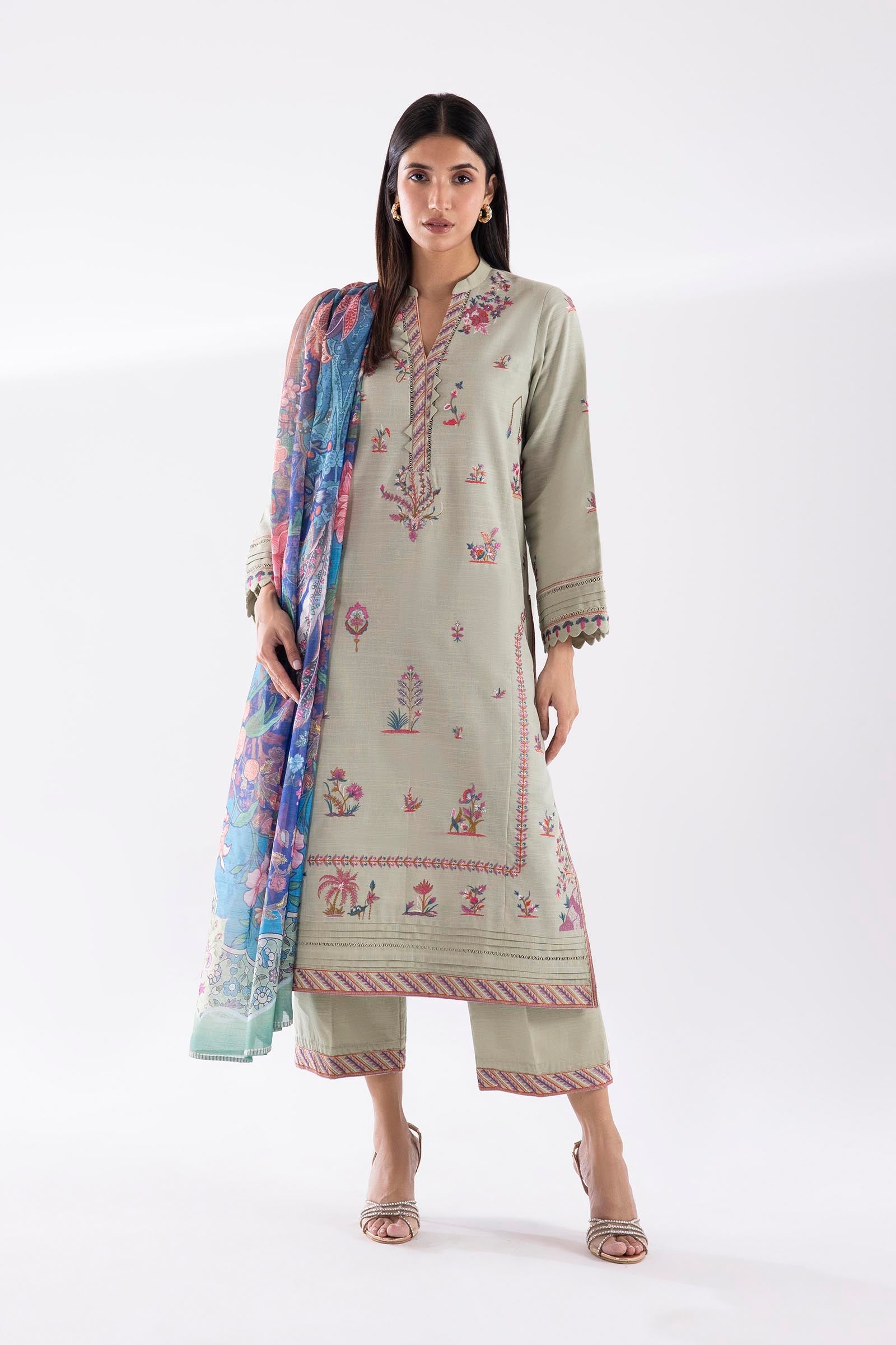 Stitched Embroidered Khaddar Slub Shirt + Culotte