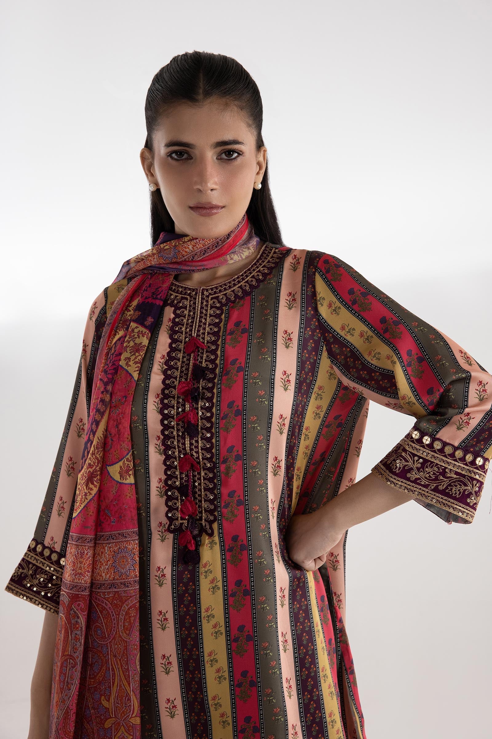 Stitched Embroidered Satin Suit