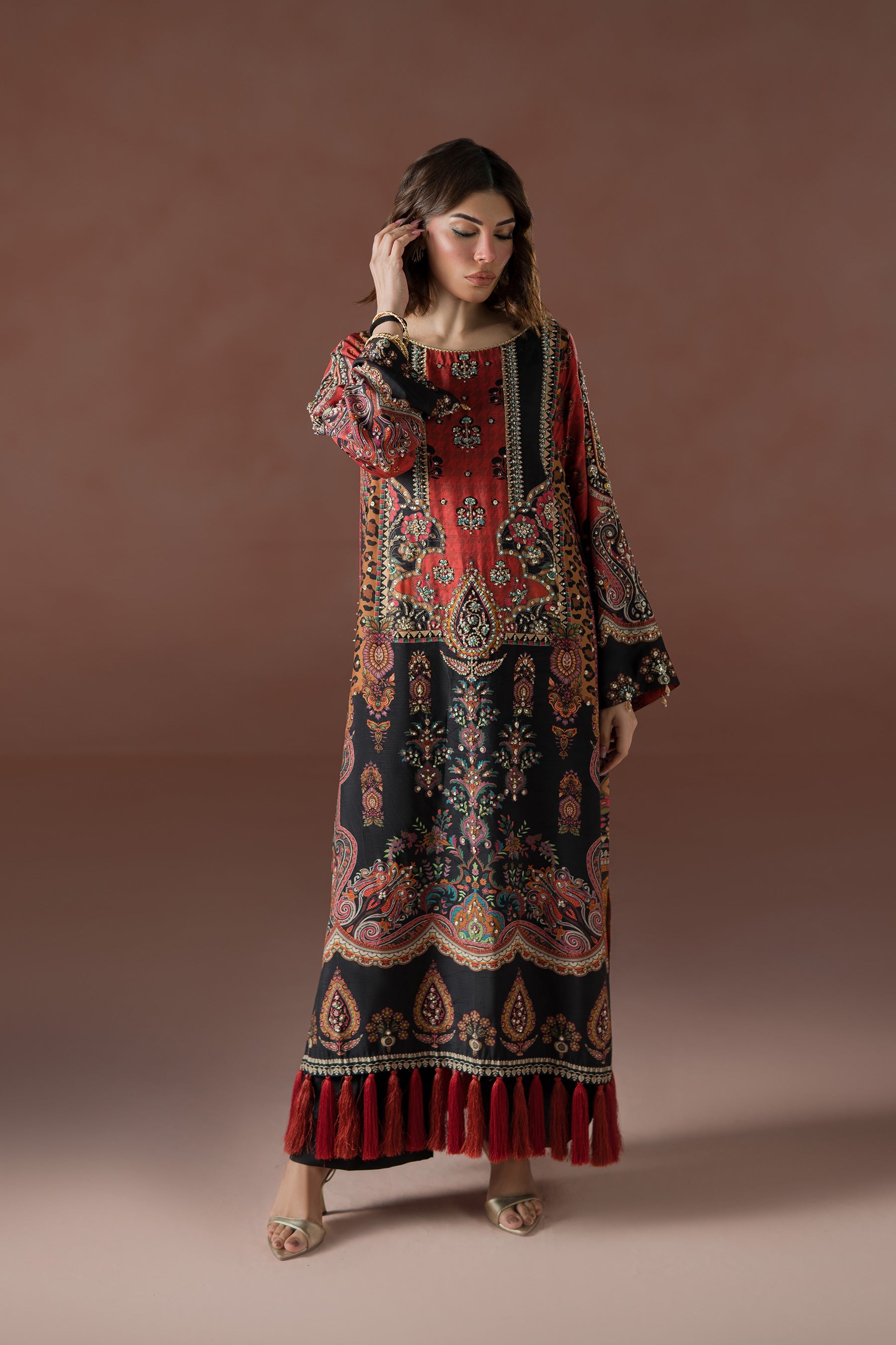 Modern Mughal Long Black and Rust Tassel Kaftan Set (D-02)