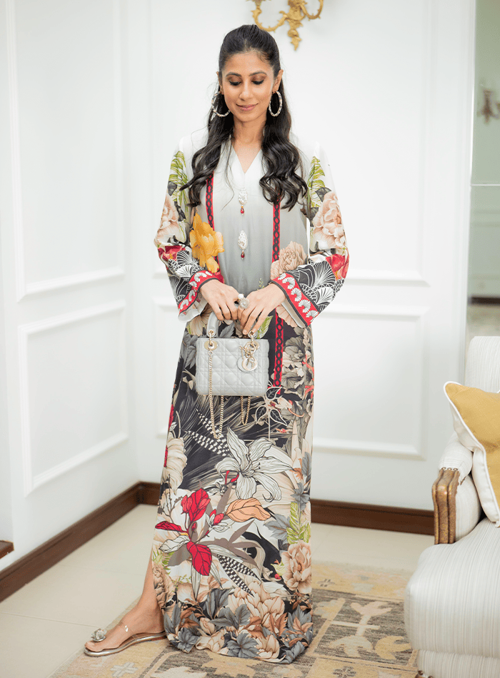 Floral Printed Kaftan with Embellished Buttons