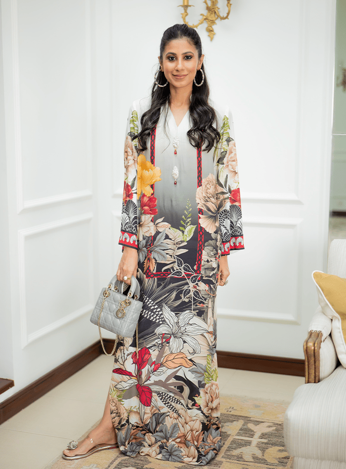 Floral Printed Kaftan with Embellished Buttons