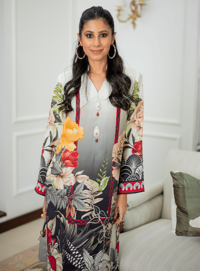 Floral Printed Kaftan with Embellished Buttons