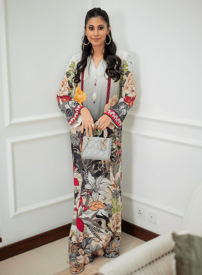 Floral Printed Kaftan with Embellished Buttons