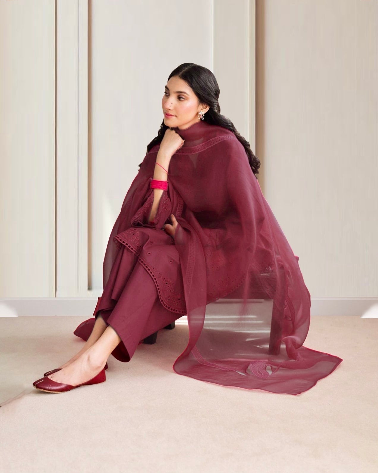 Maroon Elegance – Luxury Embroidered Suit for Women