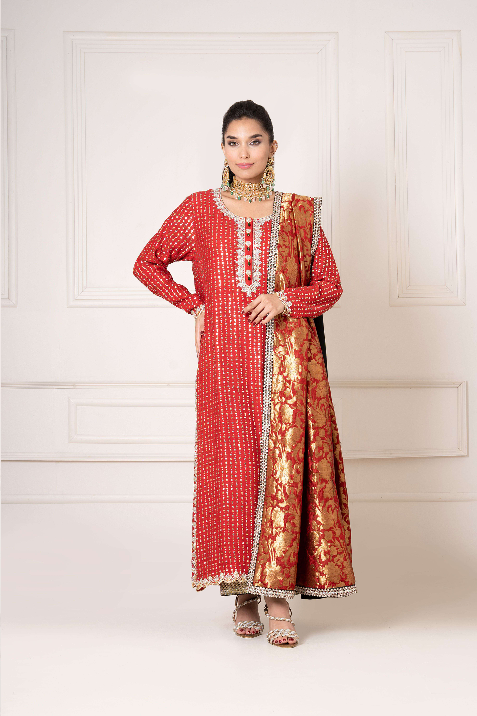 Garnet Kamdani Tunic with Velvet Izaar and Kamkhaab Chaadar