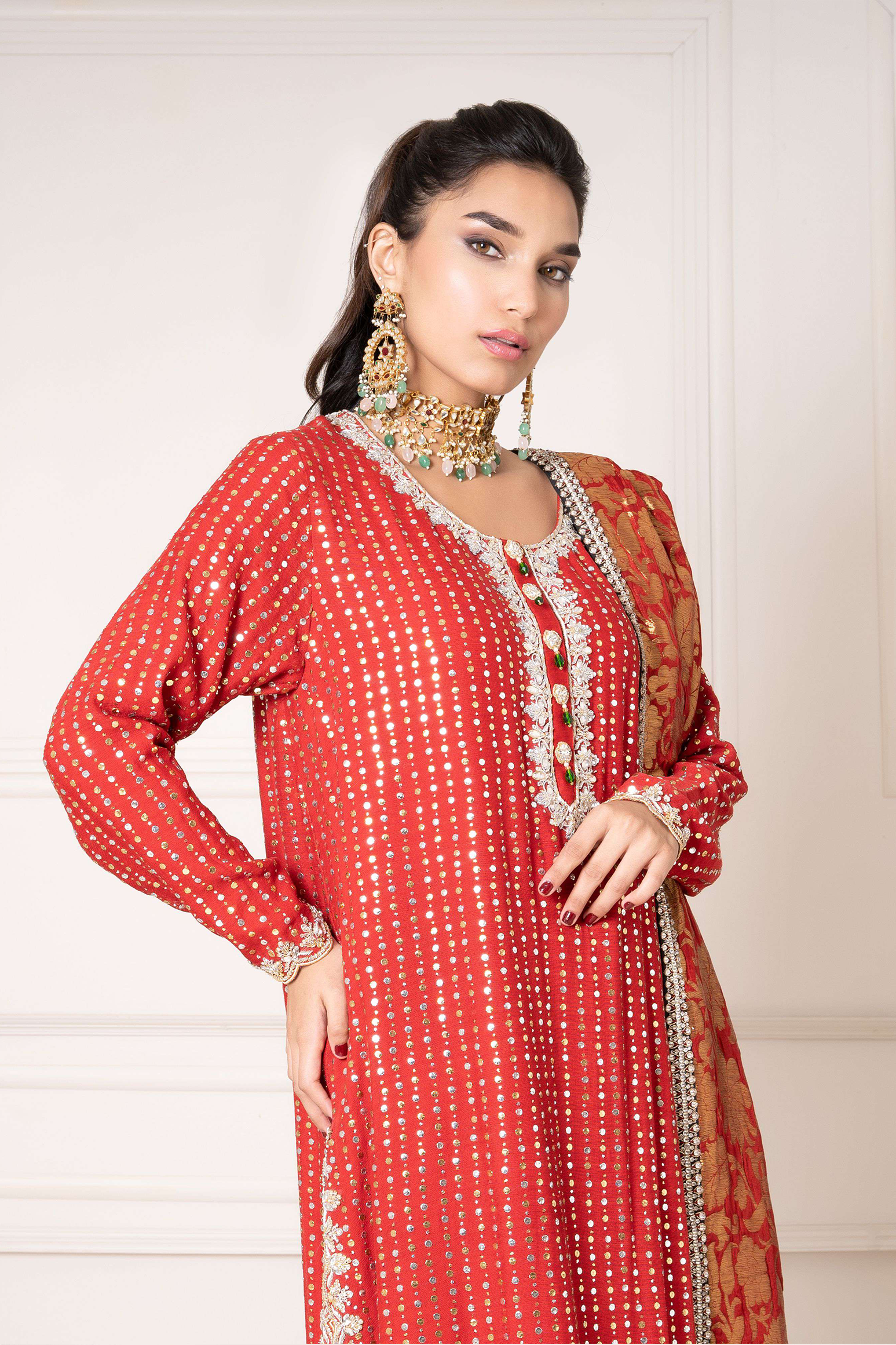 Garnet Kamdani Tunic with Velvet Izaar and Kamkhaab Chaadar