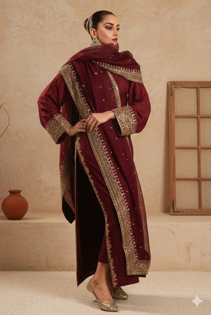 Maroon Pearl Lawn Suit | Tila Sequin Embroidered 3 Piece with Chiffon Dupatta