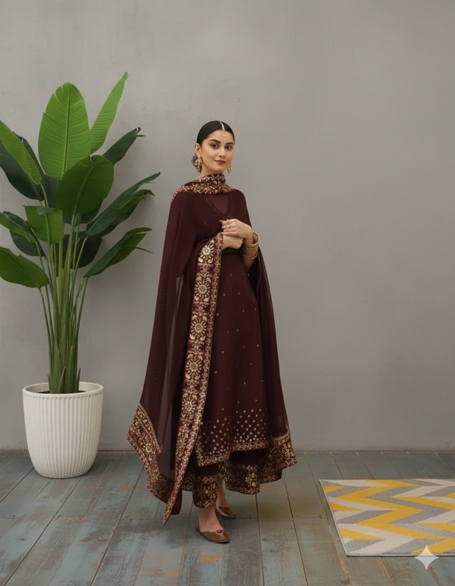 Mahroon Grace Luxury Pret | Golden Embroidery Lawn 3 Piece