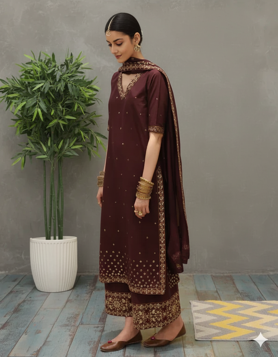 Mahroon Grace Luxury Pret | Golden Embroidery Lawn 3 Piece