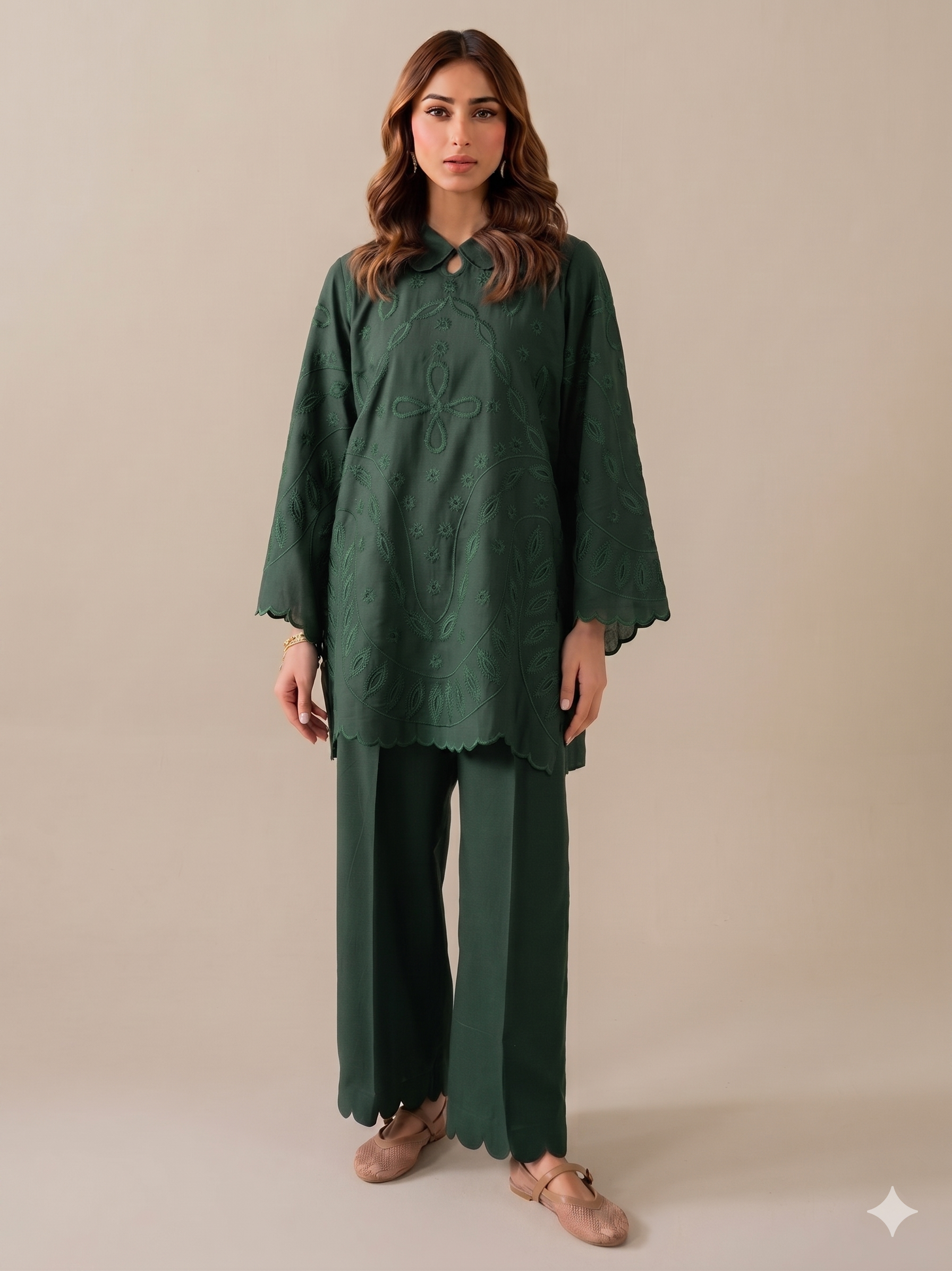 INDIGO - 2Pc Embroidered Set Bottle Green