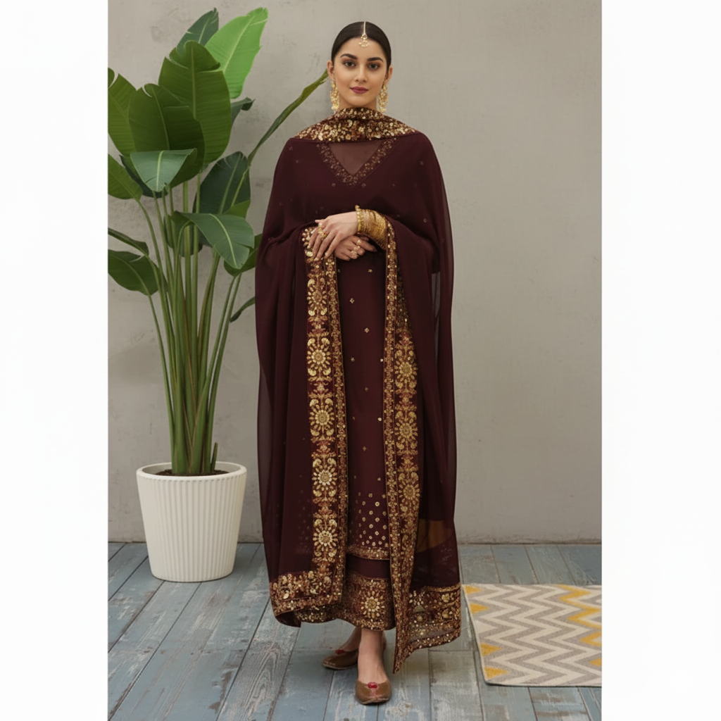 Mahroon Grace Luxury Pret | Golden Embroidery Lawn 3 Piece