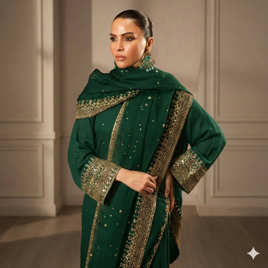 Green Pearl Lawn Suit | Tila Sequin Embroidered 3 Piece with Chiffon Dupatta