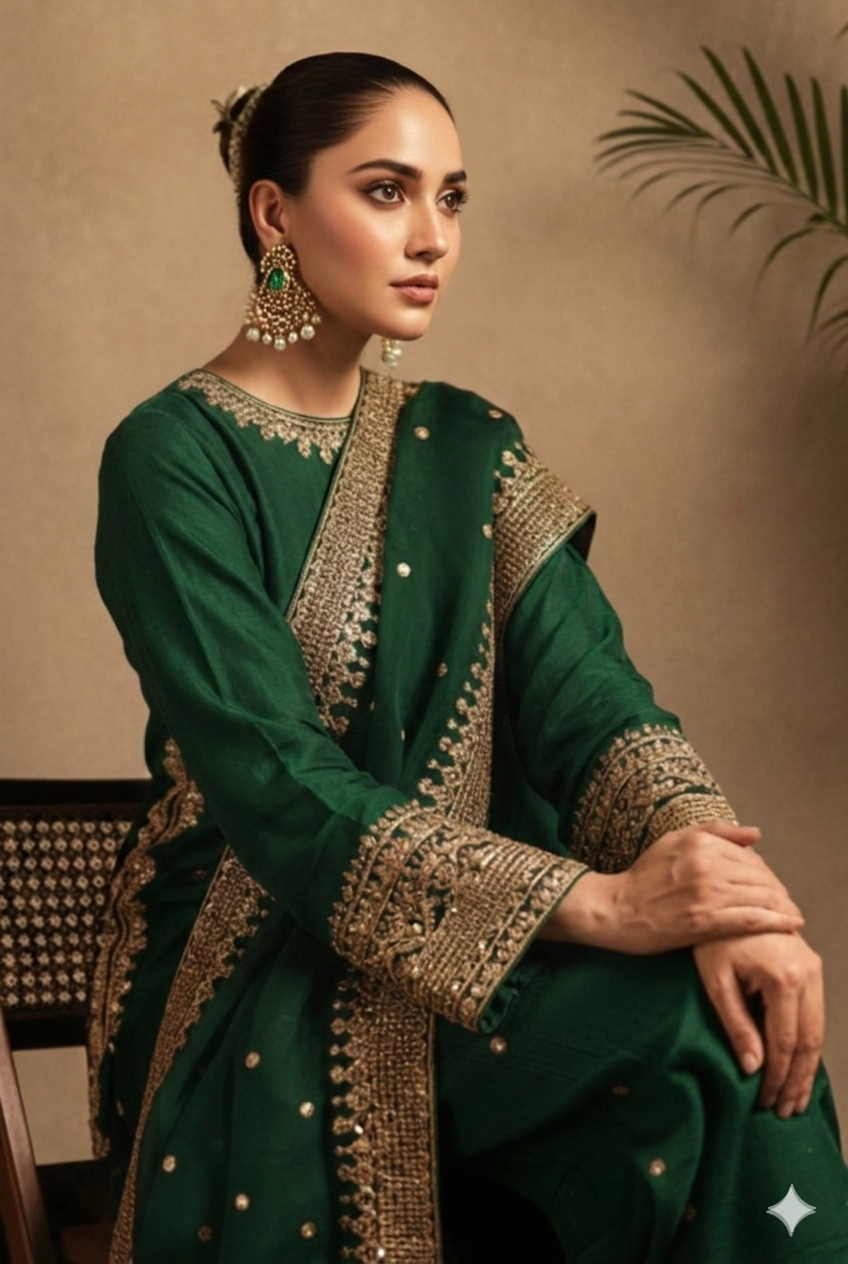Green Pearl Lawn Suit | Tila Sequin Embroidered 3 Piece with Chiffon Dupatta