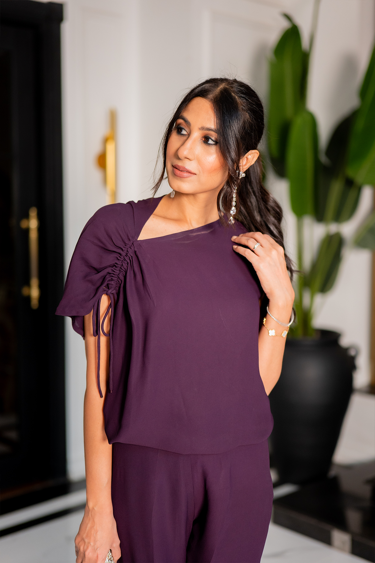 Georgette Pull String Top with Flared Trousers