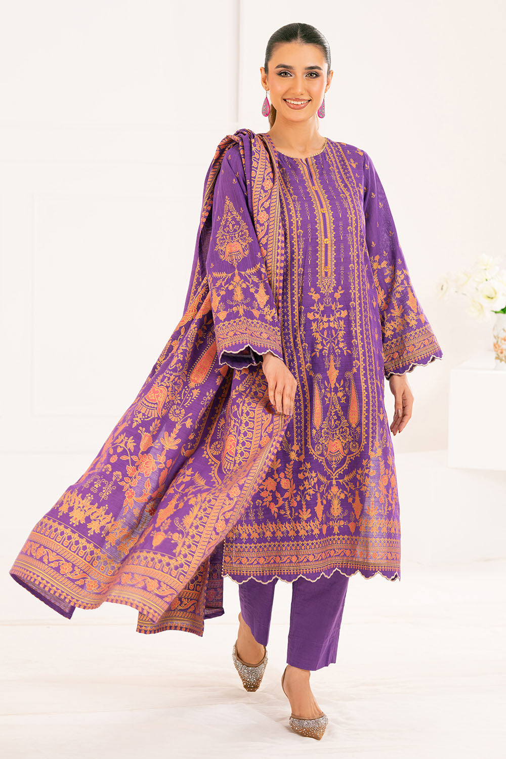 3 Piece Gold Printed Khaddar Suit with Dupatta