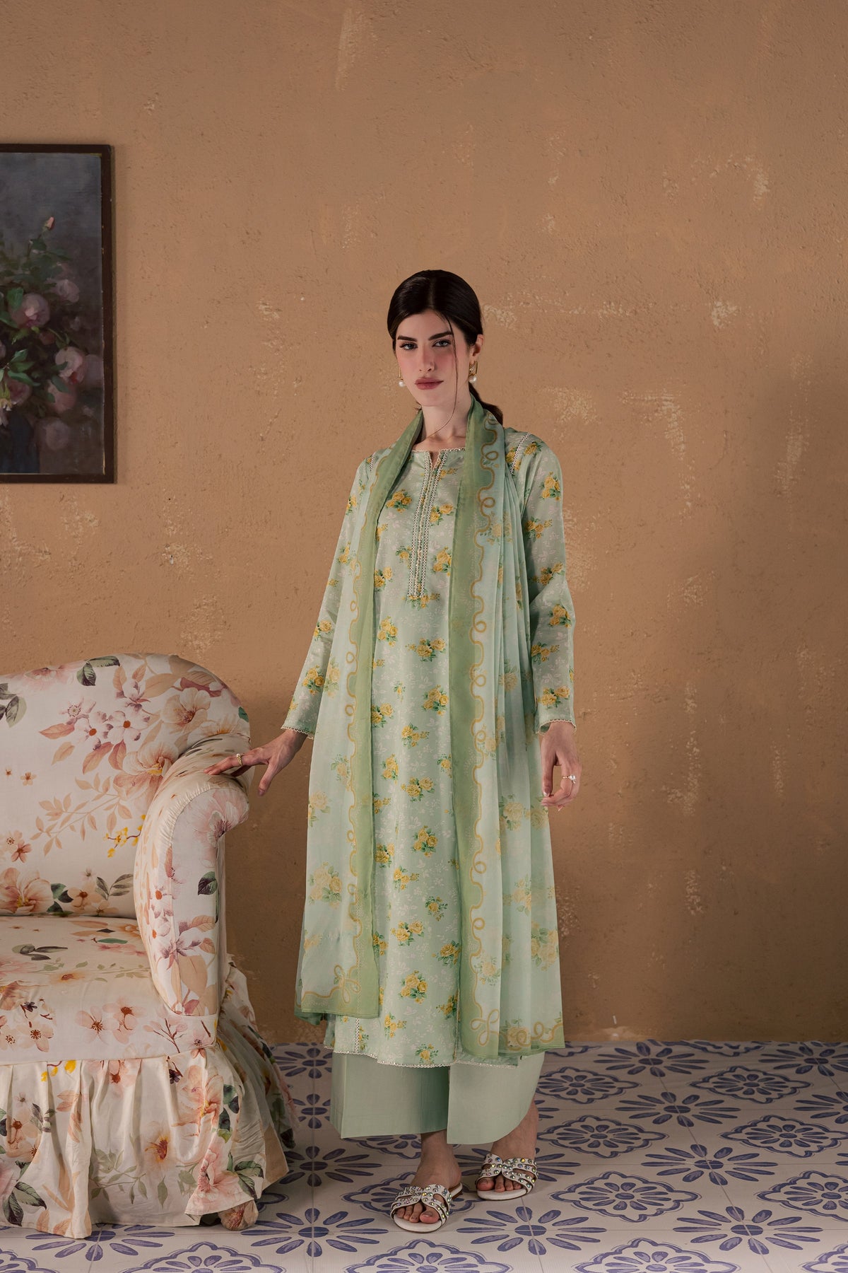 Green Glaze 3Pc - Printed Lawn Dress