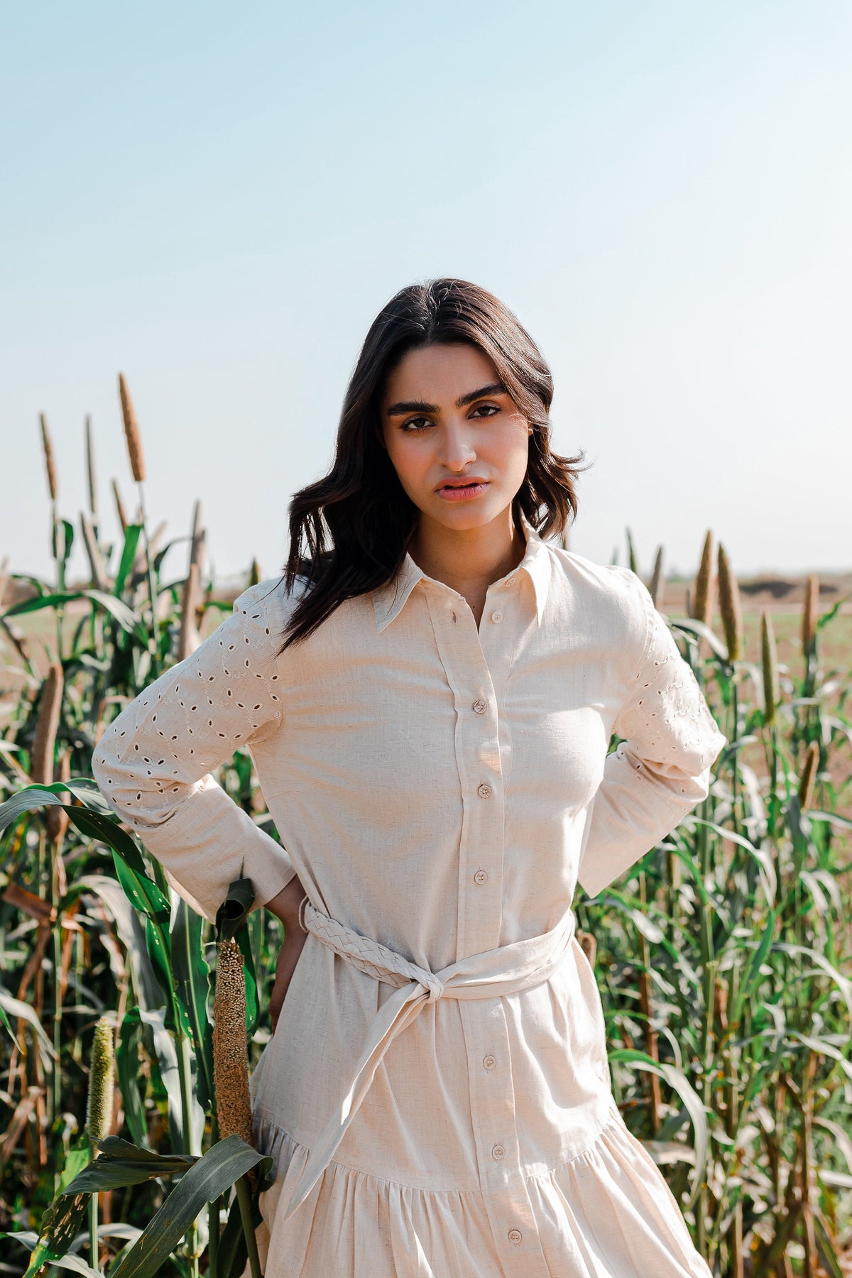 Greige Button Down Dress with Gathers - 1Pc
