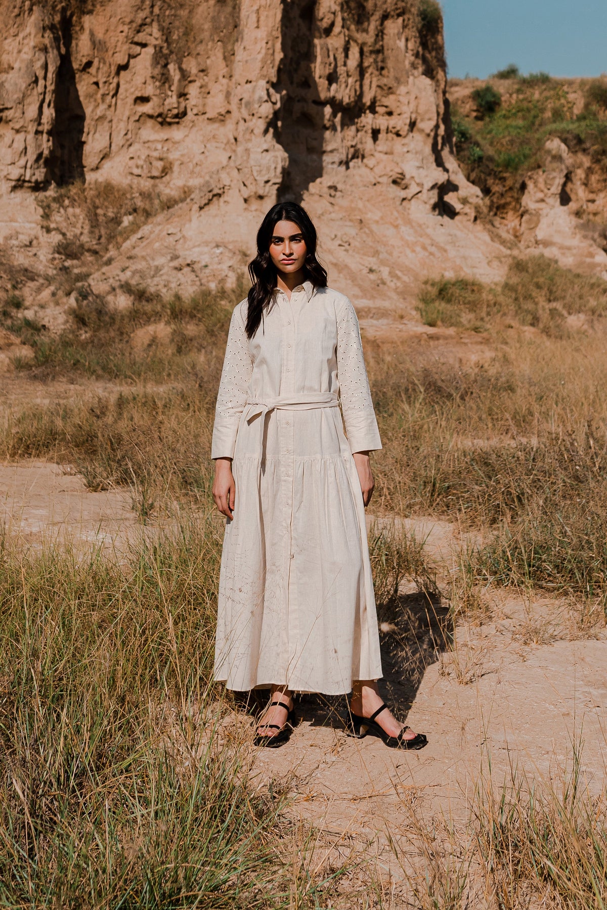 Greige Button Down Dress with Gathers - 1Pc