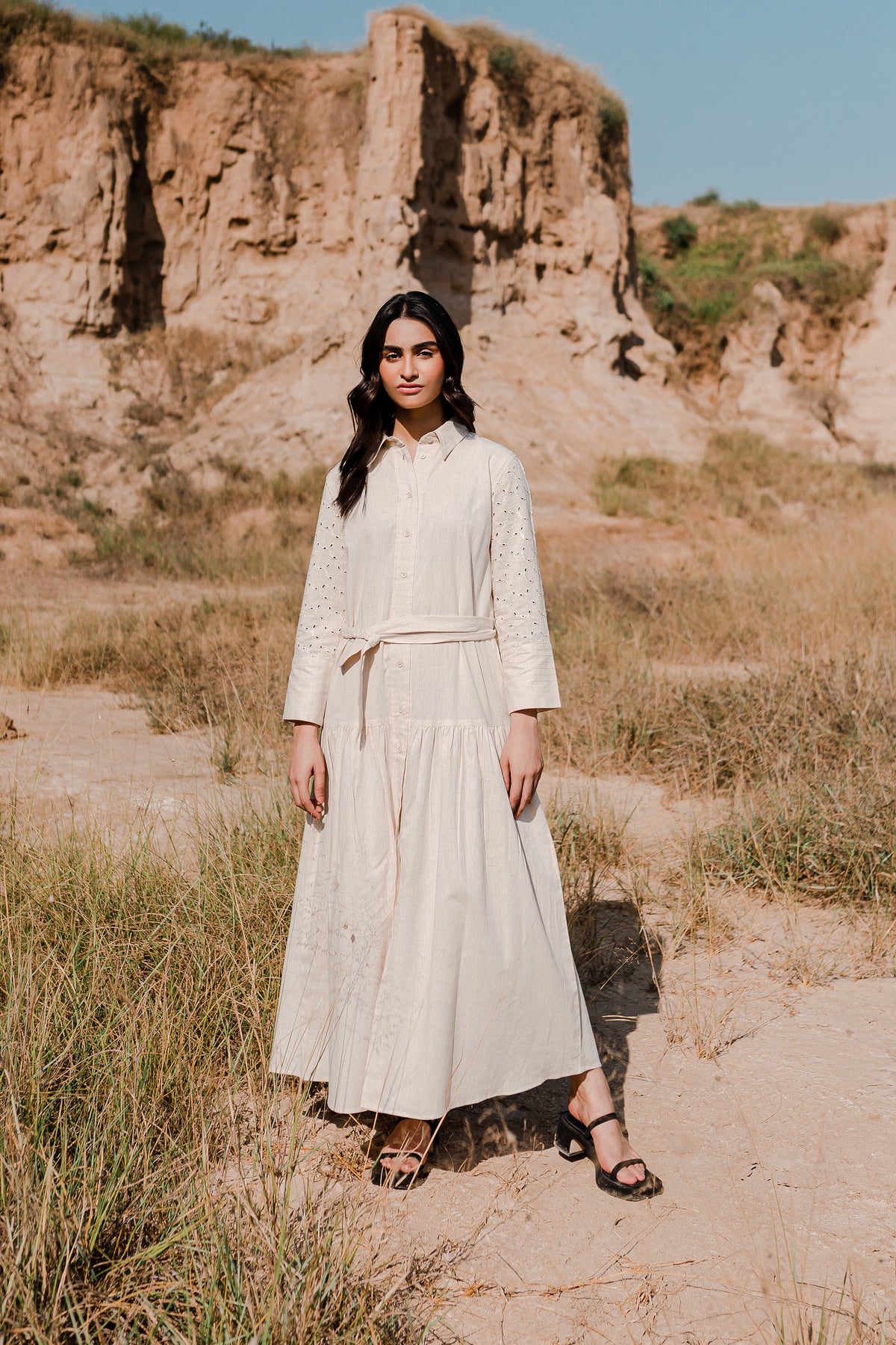 Greige Button Down Dress with Gathers - 1Pc