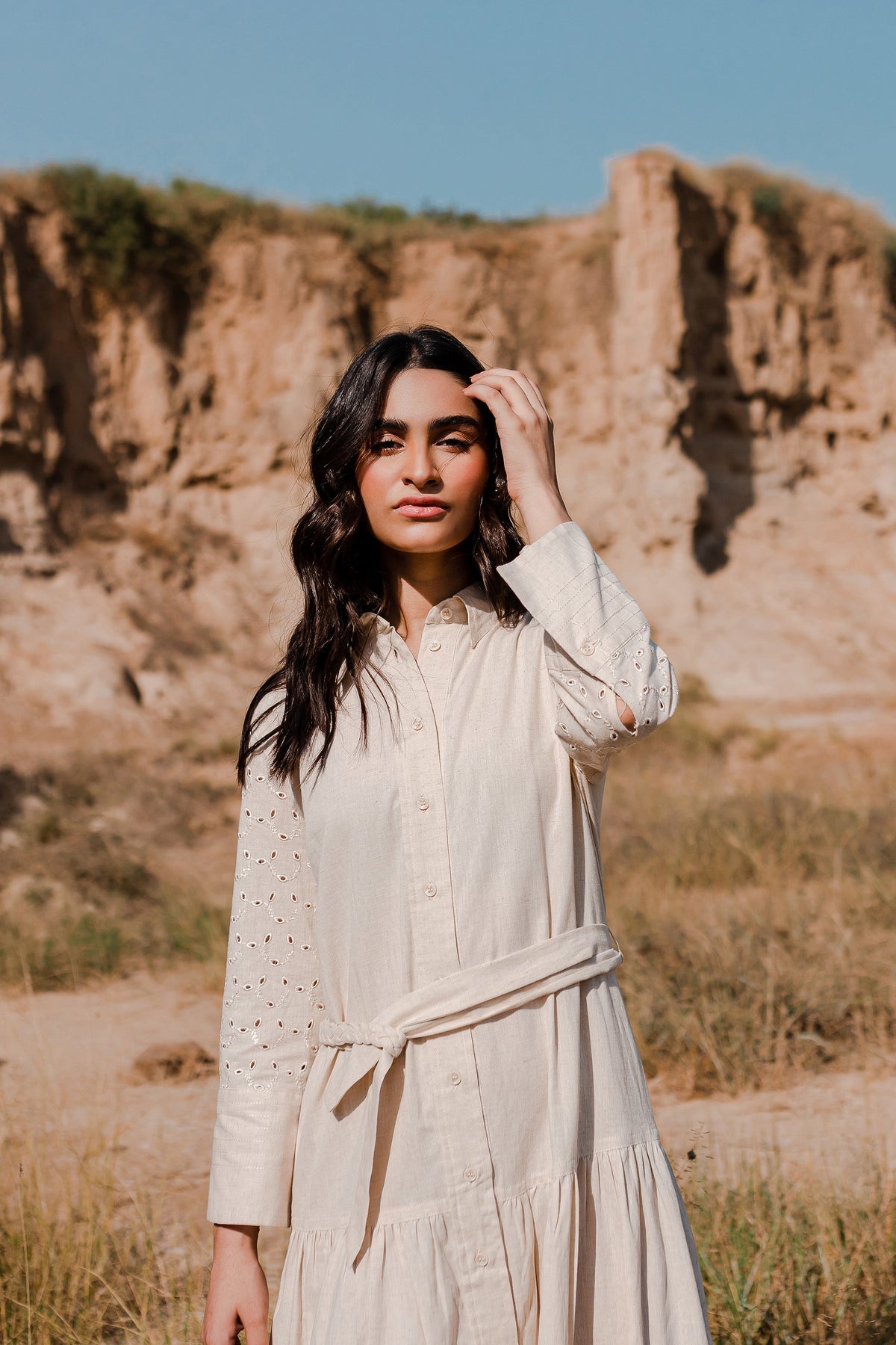 Greige Button Down Dress with Gathers - 1Pc