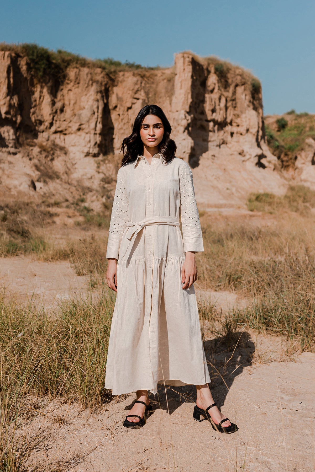 Greige Button Down Dress with Gathers - 1Pc