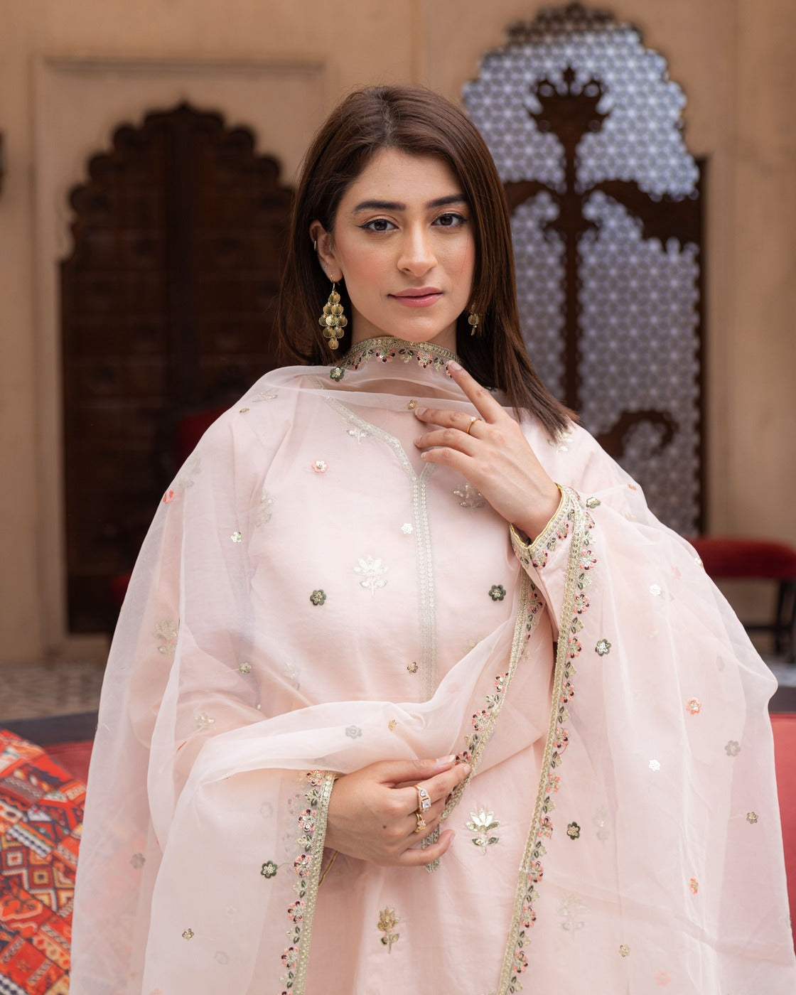 Pink Mist Powder Pink Suit | Floral Sequin & Organza Dupatta Dress