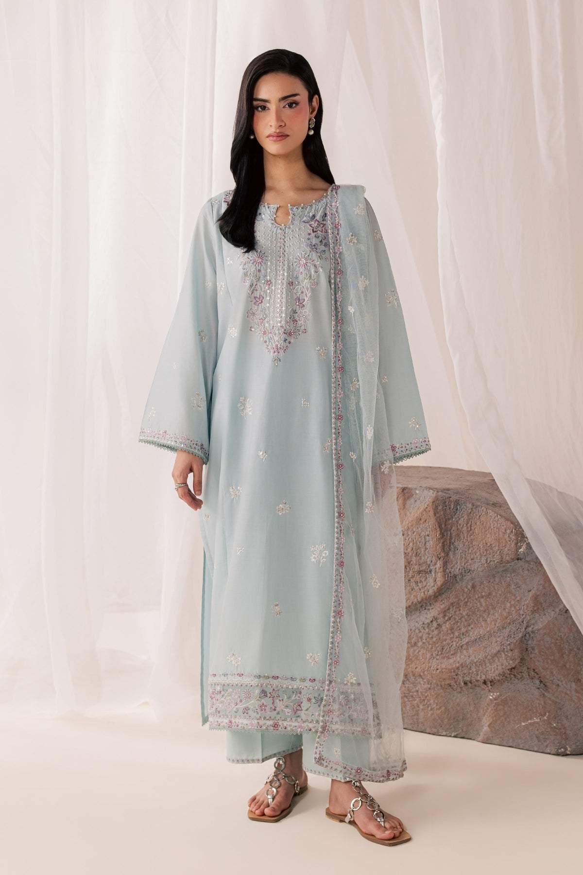 Hazy Blue 3Pc - Luxury Embroidered Lawn