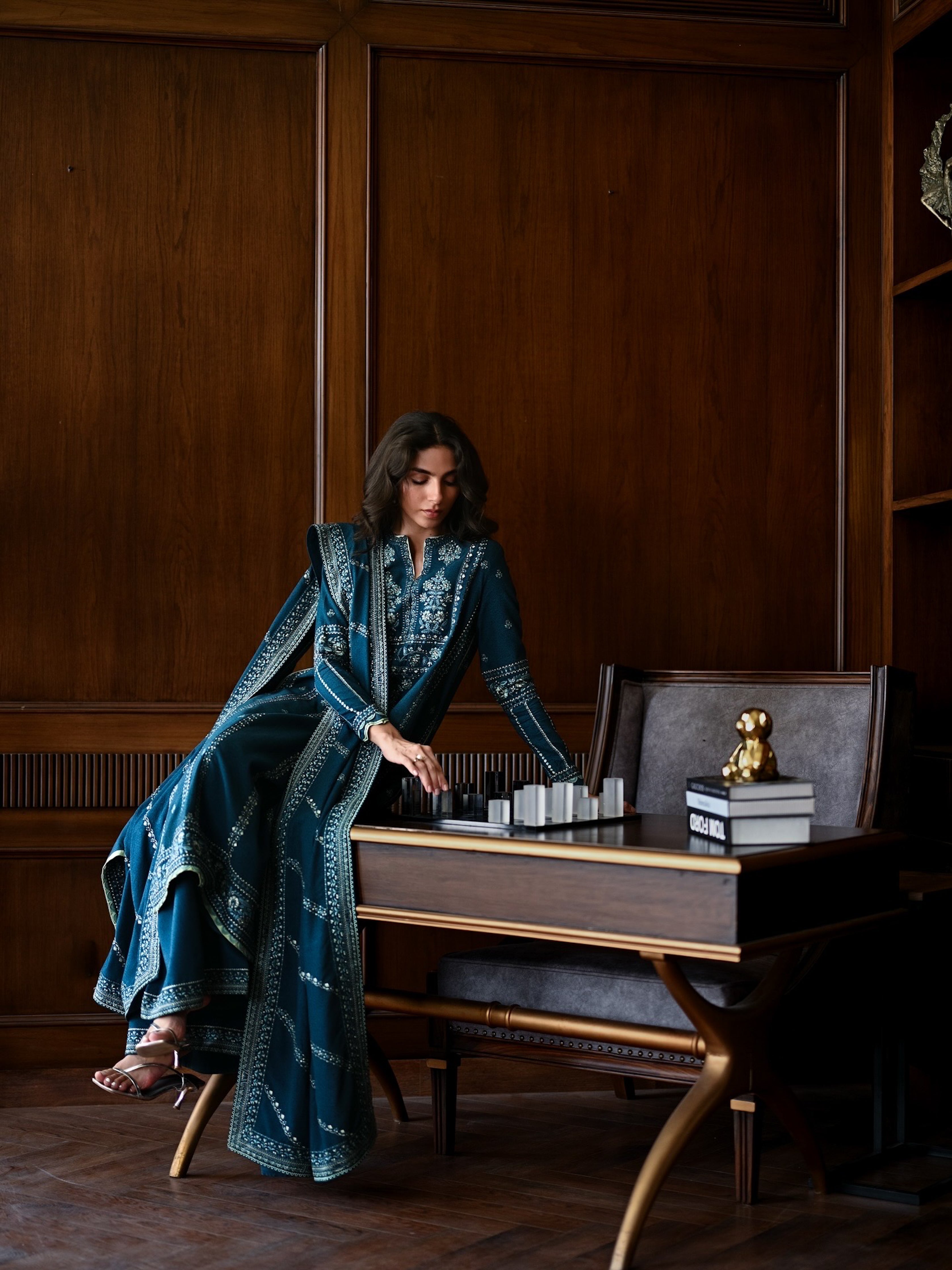 TEAL BLUE LUXURY EMBROIDERED KARANDI SET STITCHED (NEL-25625) READY TO SHIP