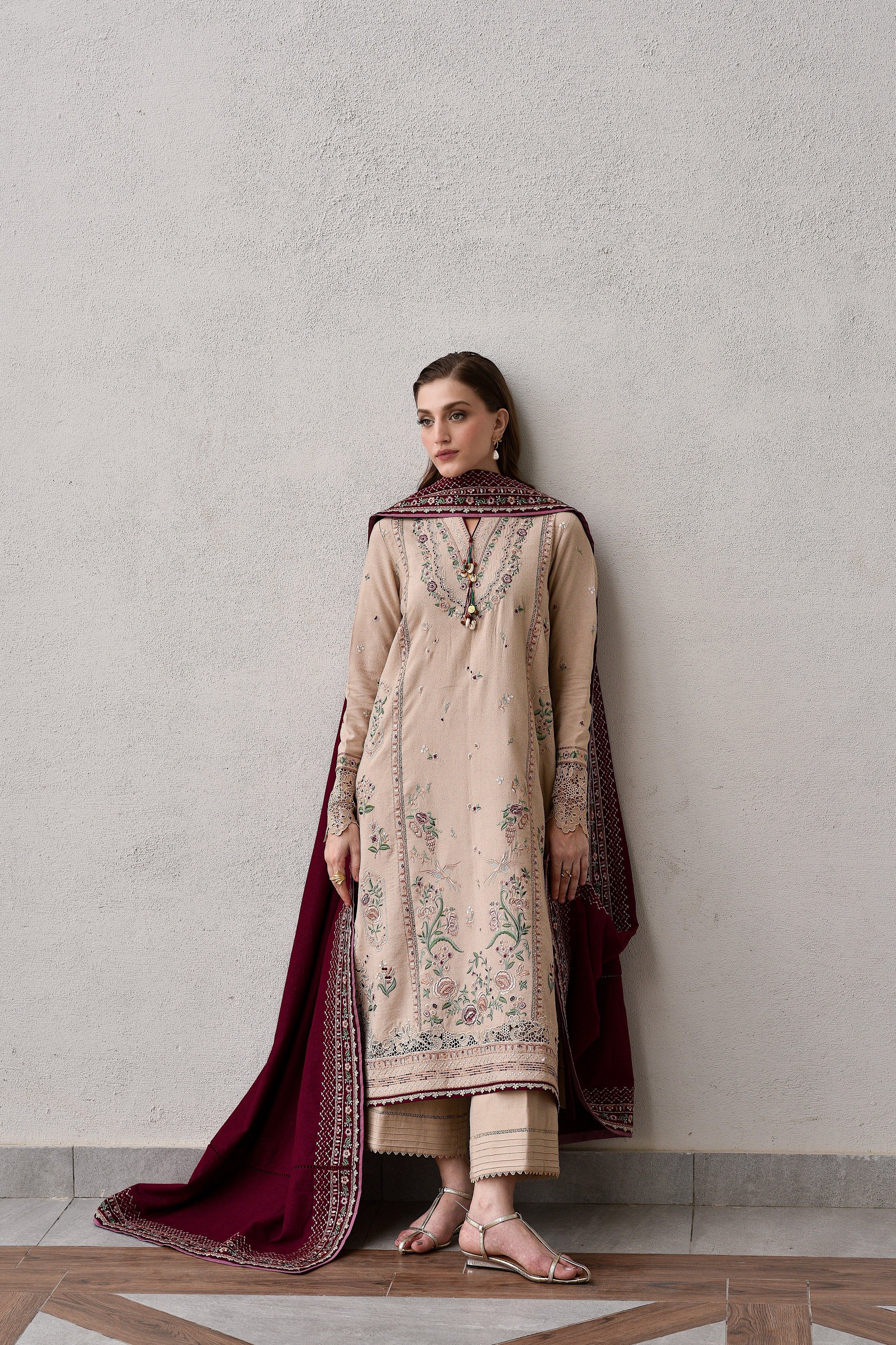 BEIGE & BURGUNDY LUXURY EMBROIDERED KARANDI SET (NEL-25628)