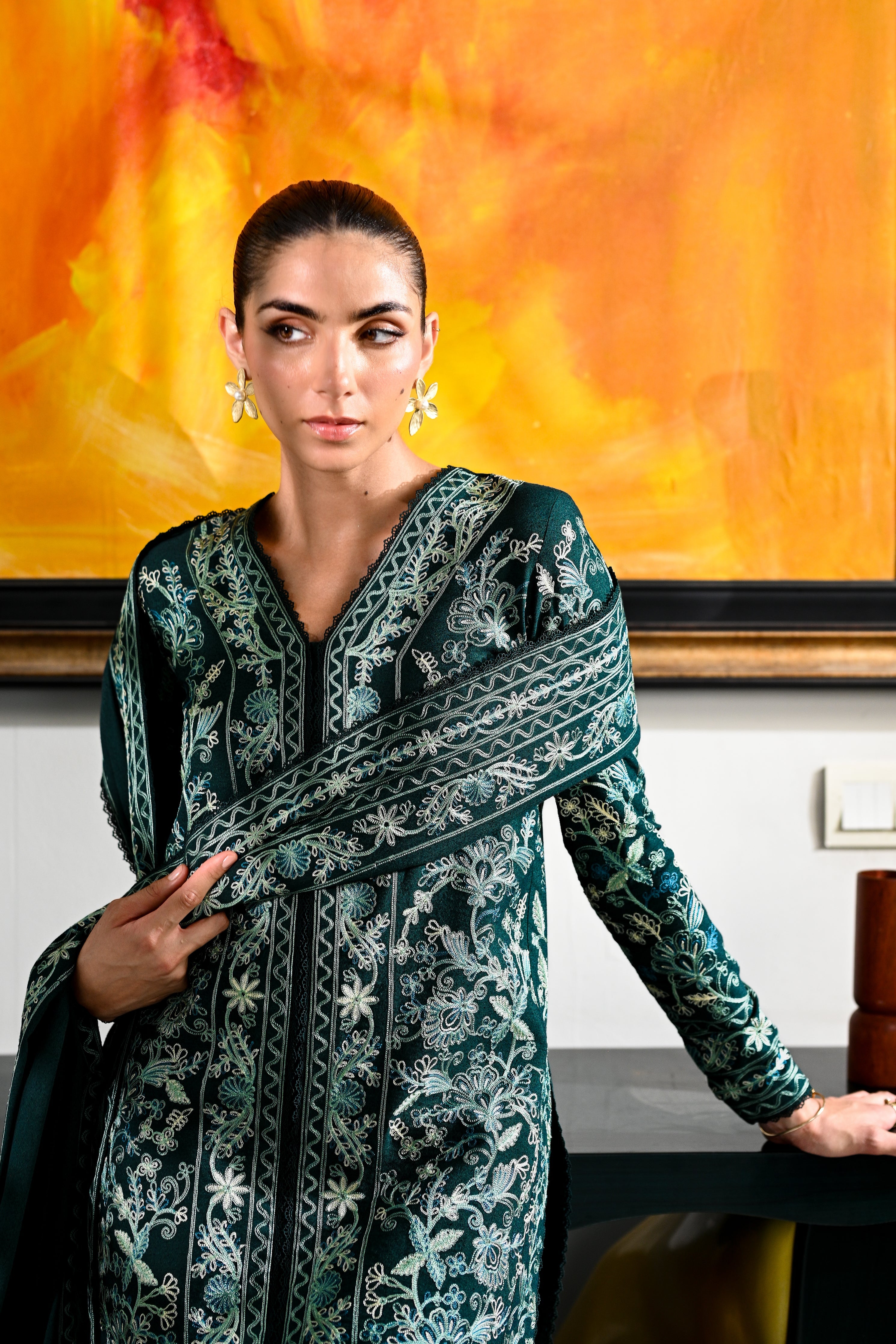 Dark Green Luxury Embroidered Karandi Set Nel 25636