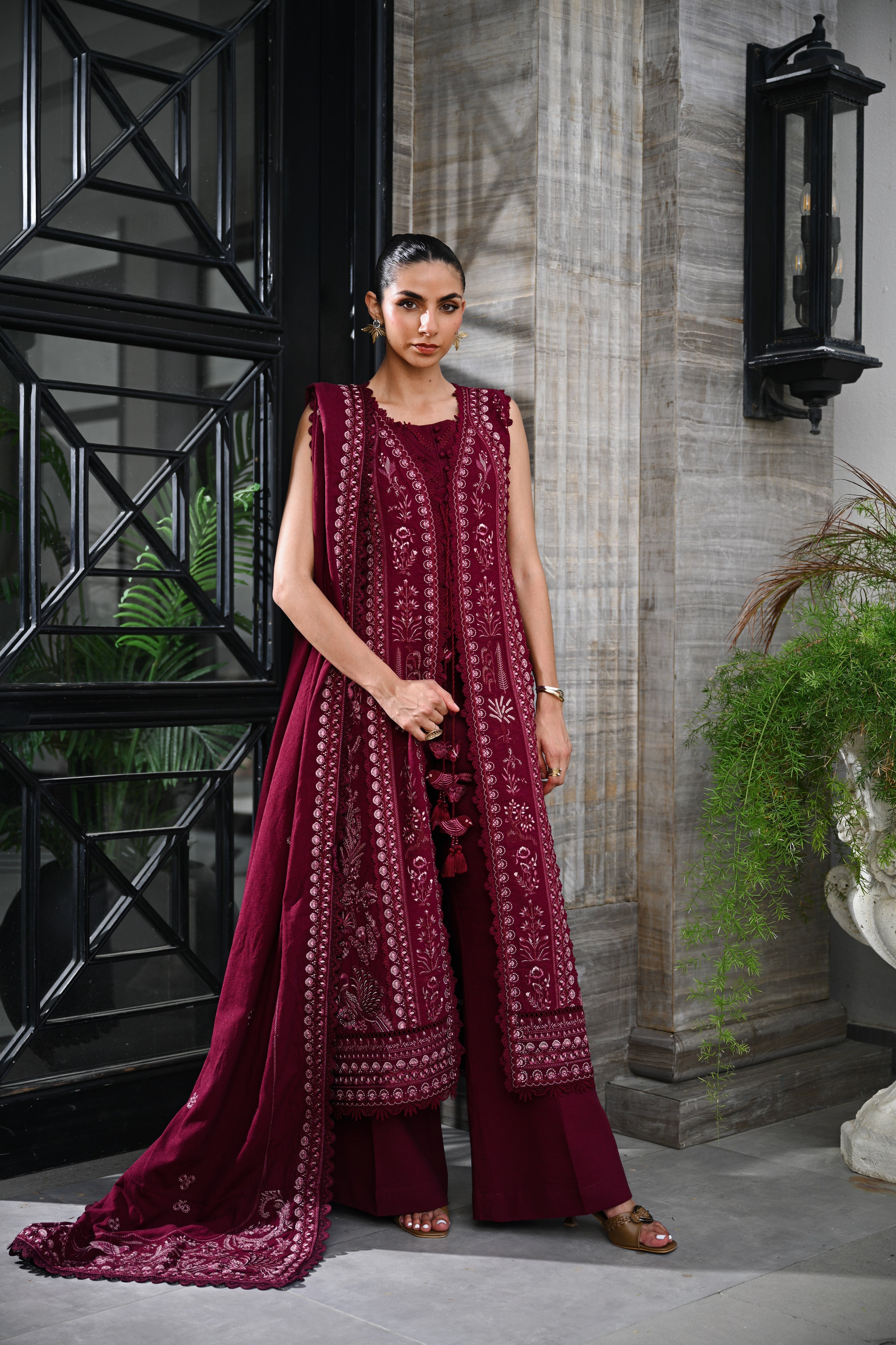 Burgundy Luxury Embroidered Karandi Set