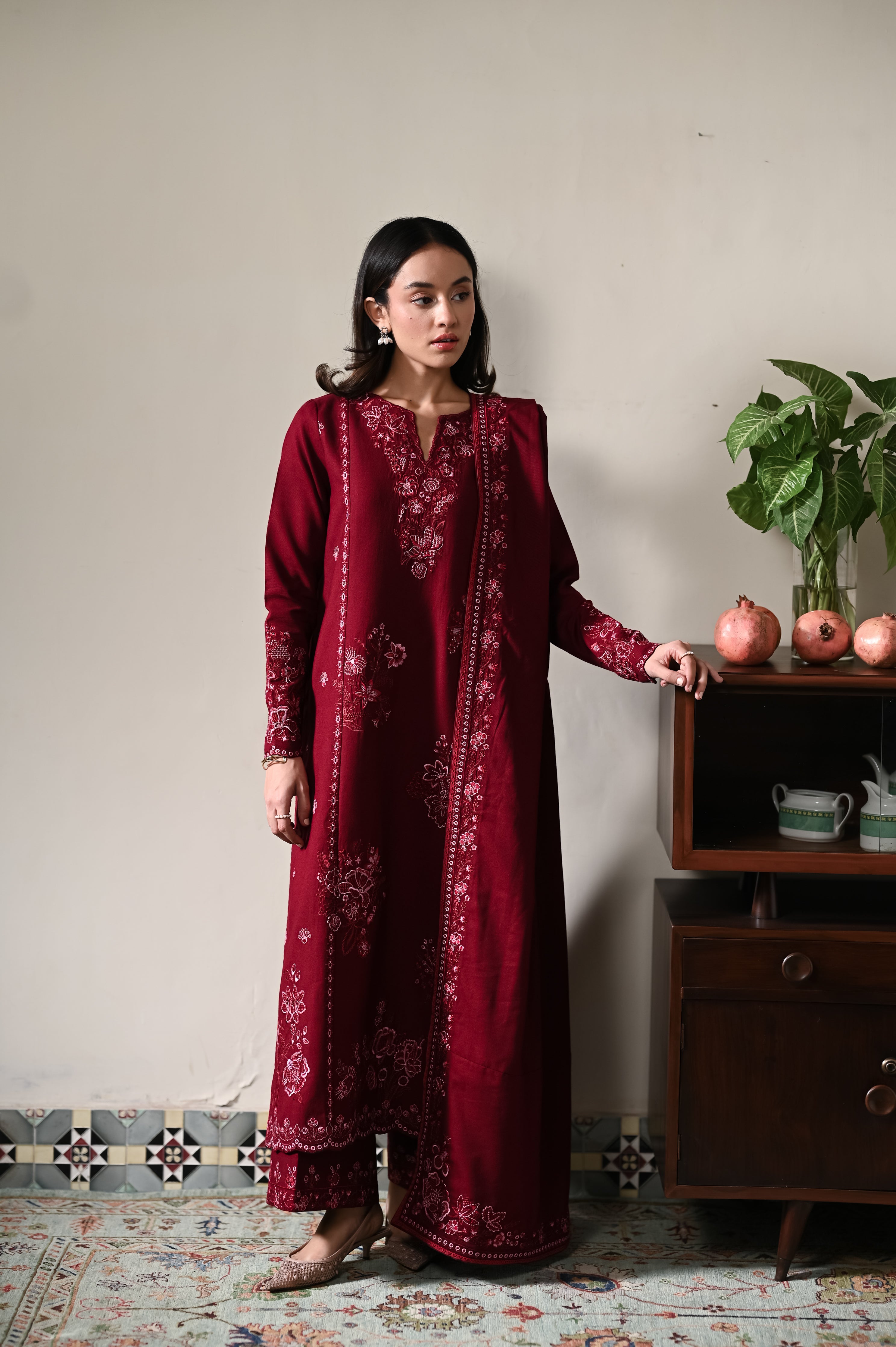 DEEP MAROON LUXURY EMBROIDERED KARANDI 3PCS SET (NPA3-25450)-READY TO WEAR