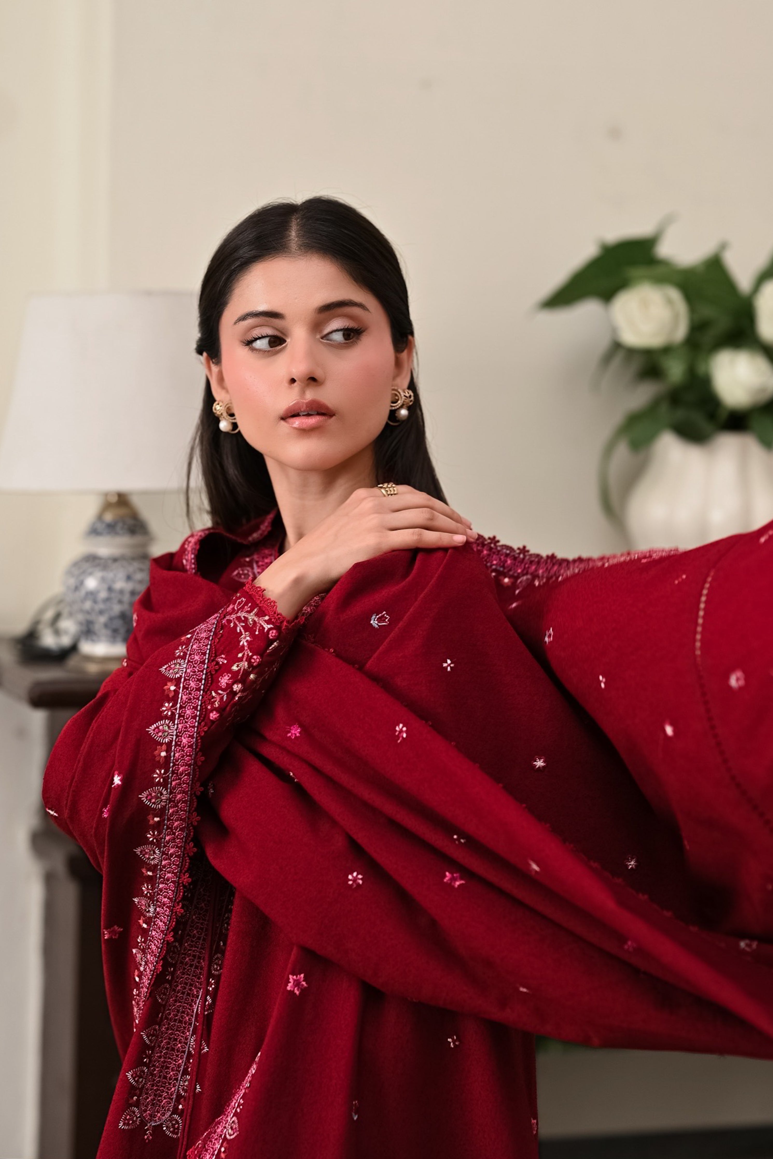 DEEP RED LUXURY EMBROIDERED KARANDI 3PCS SET (NPA3-25449)-READY TO WEAR