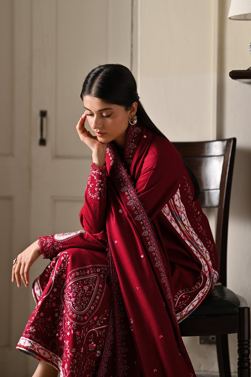 DEEP RED LUXURY EMBROIDERED KARANDI 3PCS SET (NPA3-25449)-READY TO WEAR