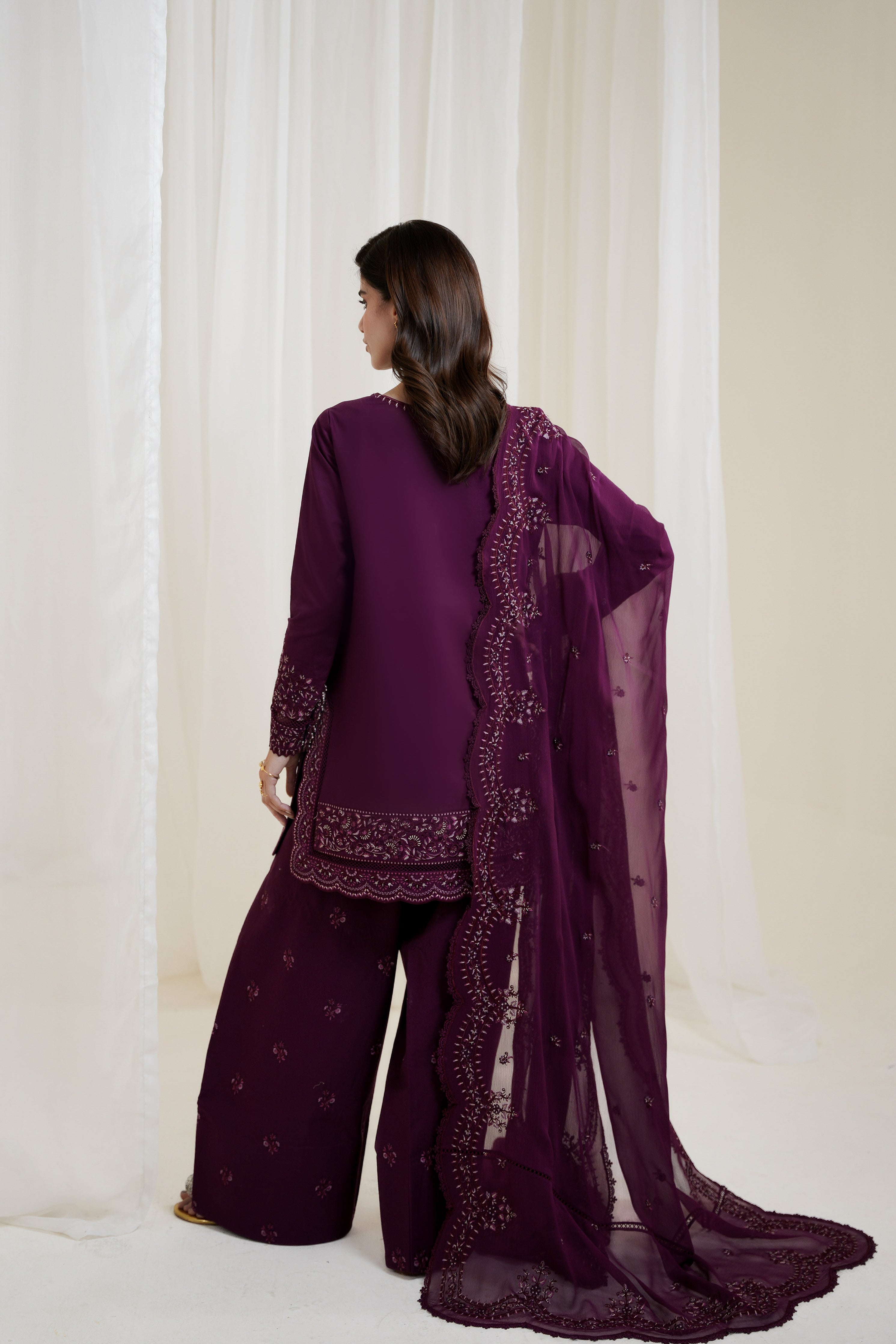 BURGUNDY PLUM FARSHI LUXURY EMBROIDERED 3PCS SET NPA3-25425 (EID 2025 READY TO WEAR)