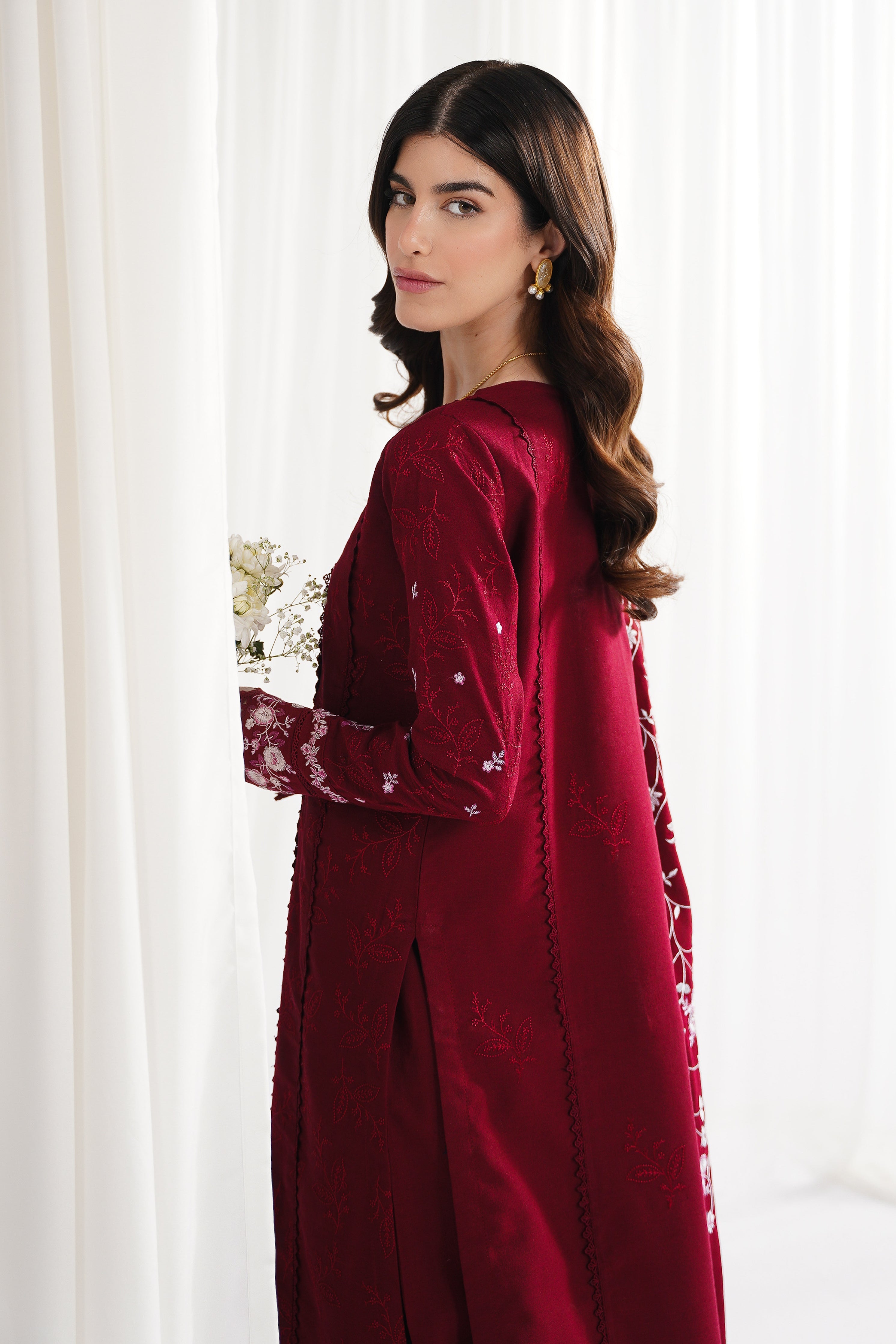 RICH DEEP MAROON LUXURY EMBROIDERED 3PCS SET NPA3-25416 (EID 2025 READY TO WEAR) - EXPRESS DELIVERY