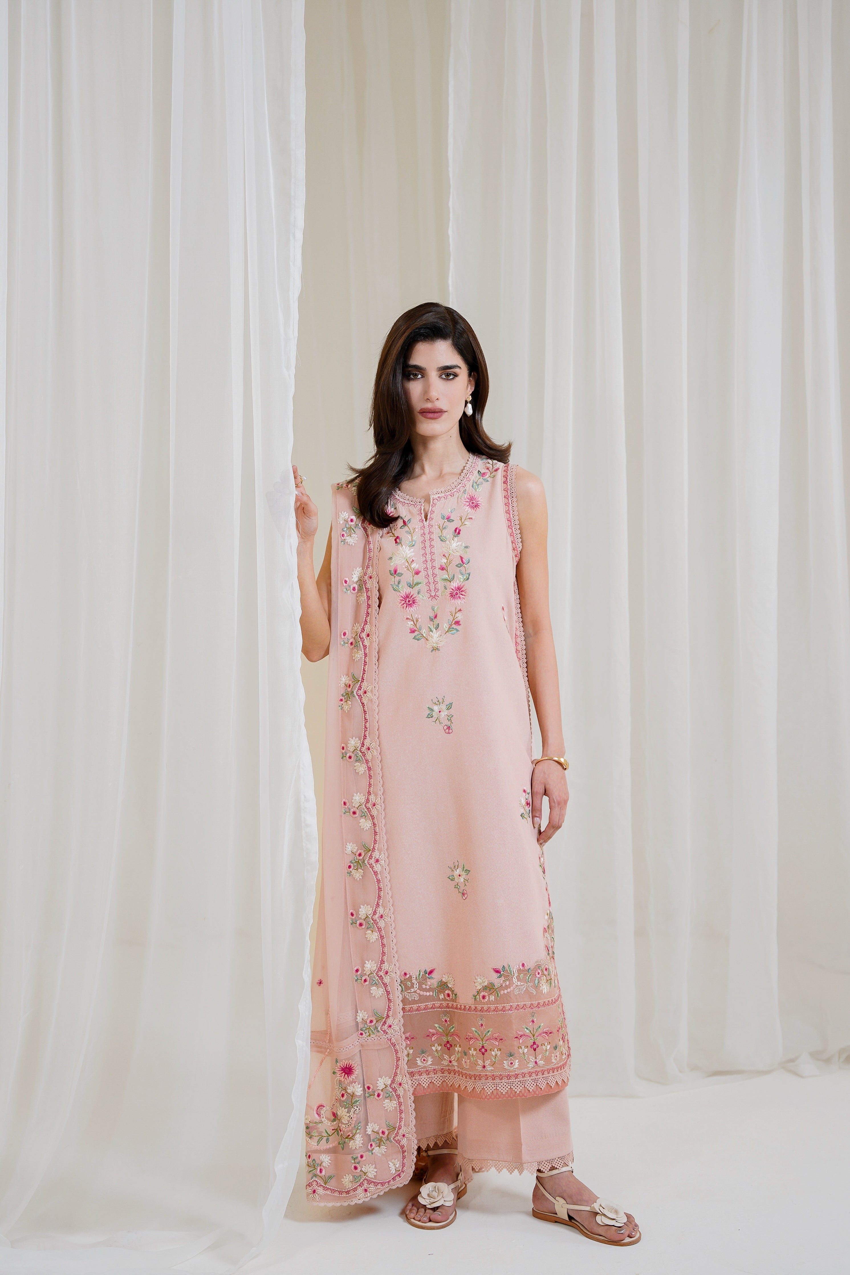 PEACHY PINK LUXURY EMBROIDERED 3PCS SET NPA3-25423 (EID 2025 READY TO WEAR) - EXPRESS SHIPPING
