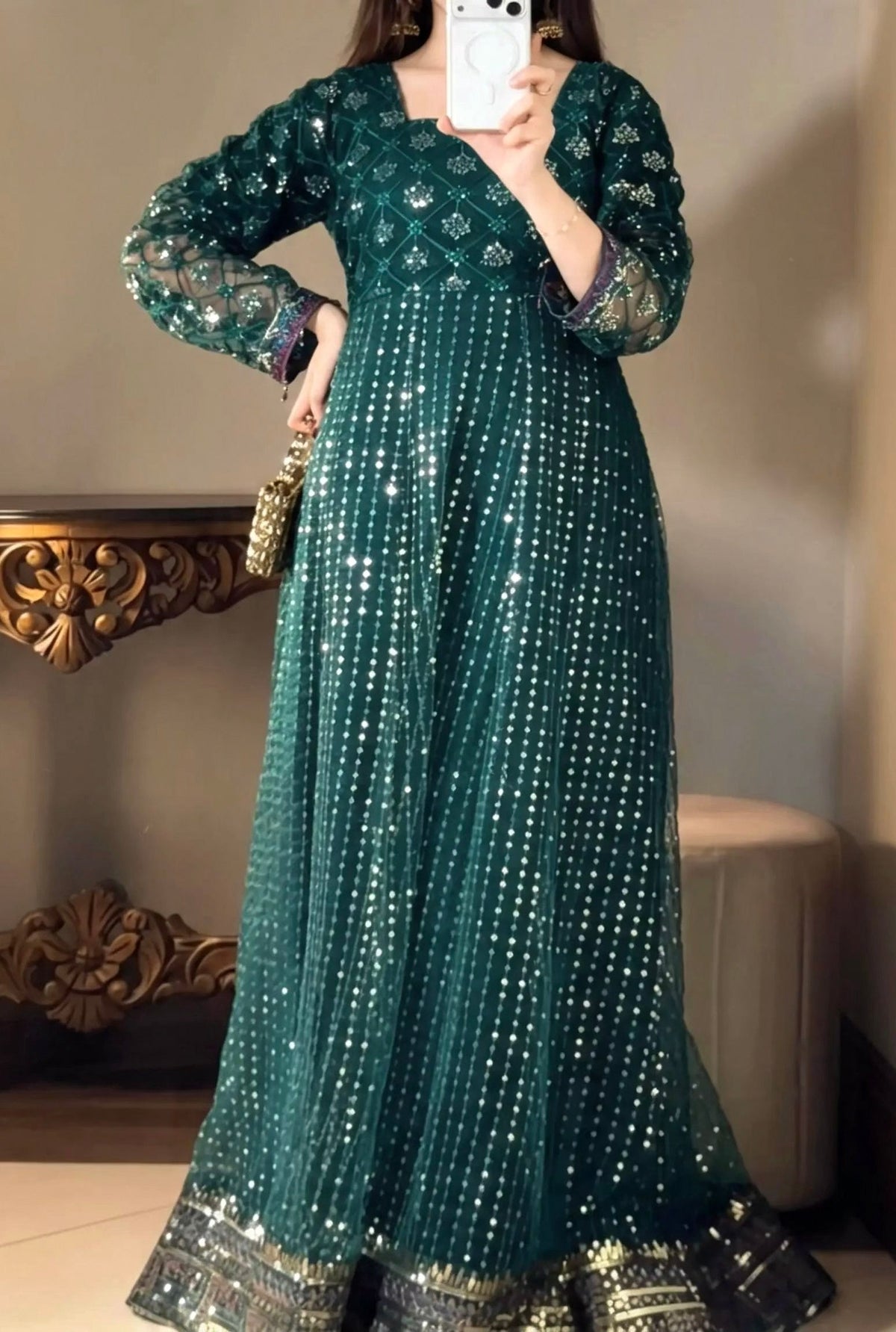 Iznik Meraki Luxury Embroidered Dark Green Luxury Unstitched / Stitched Net Maxi D-07 - PA - 0091