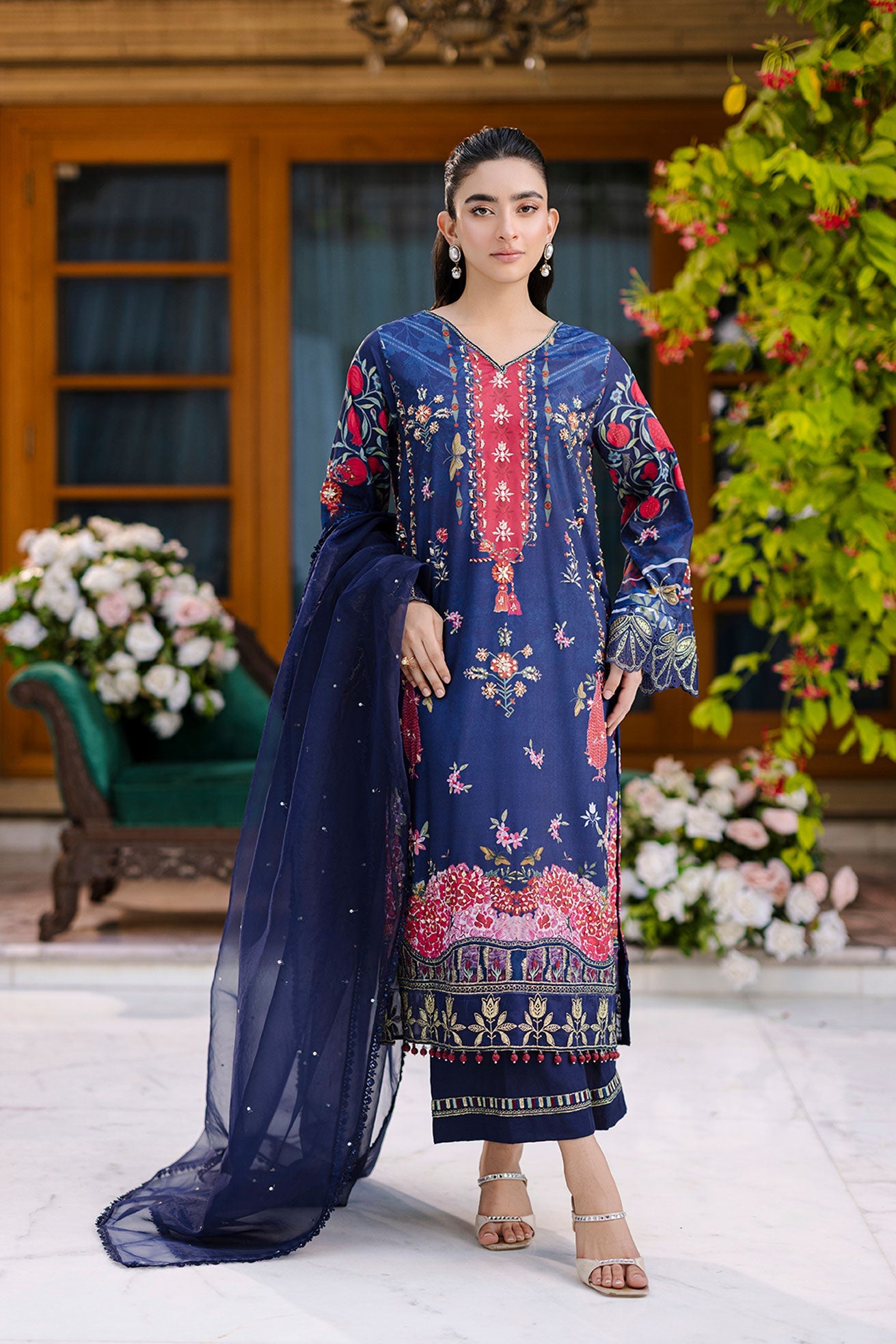 Silk Tunic - 2PCS HAND EMBELLISHED SHIRT WITH TROUSER-FW25DA-2875 NAVY BLUE