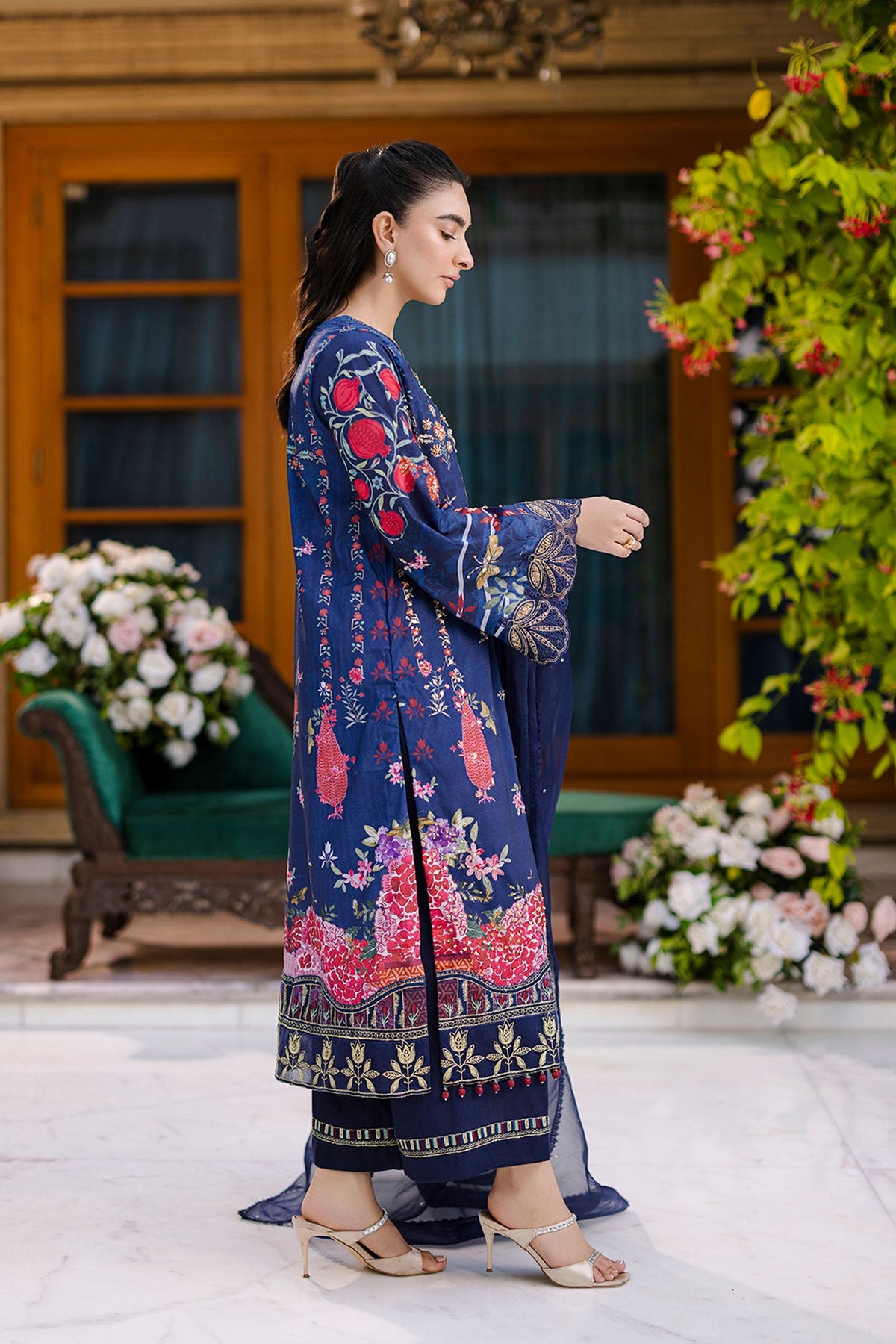 Silk Tunic - 2PCS HAND EMBELLISHED SHIRT WITH TROUSER-FW25DA-2875 NAVY BLUE