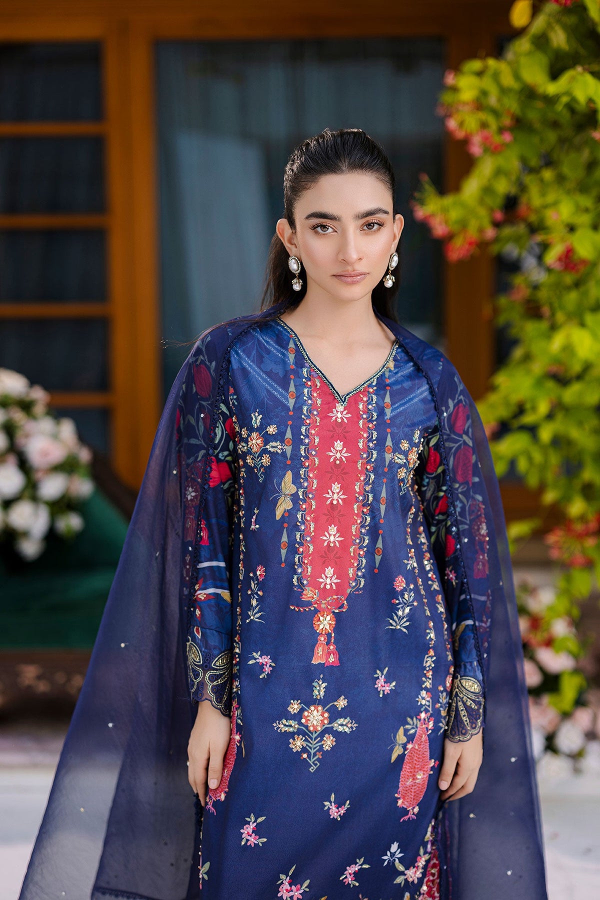 Silk Tunic - 2PCS HAND EMBELLISHED SHIRT WITH TROUSER-FW25DA-2875 NAVY BLUE