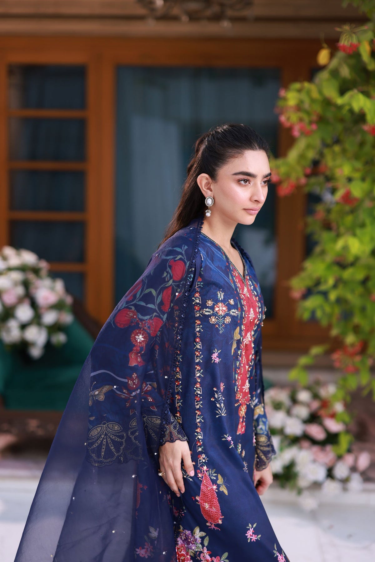Silk Tunic - 2PCS HAND EMBELLISHED SHIRT WITH TROUSER-FW25DA-2875 NAVY BLUE