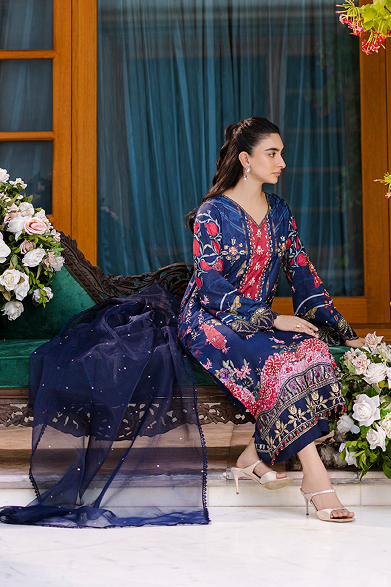 Silk Tunic - 2PCS HAND EMBELLISHED SHIRT WITH TROUSER-FW25DA-2875 NAVY BLUE