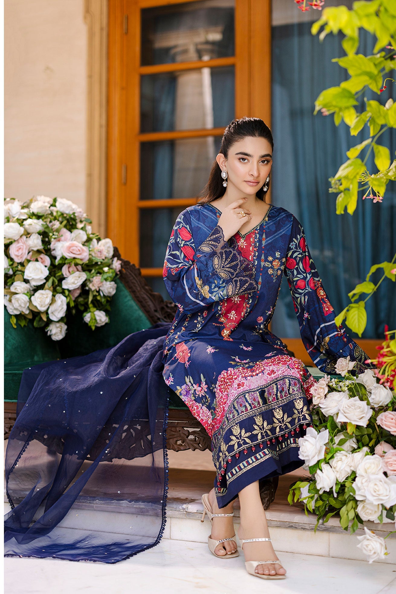 Silk Tunic - 2PCS HAND EMBELLISHED SHIRT WITH TROUSER-FW25DA-2875 NAVY BLUE
