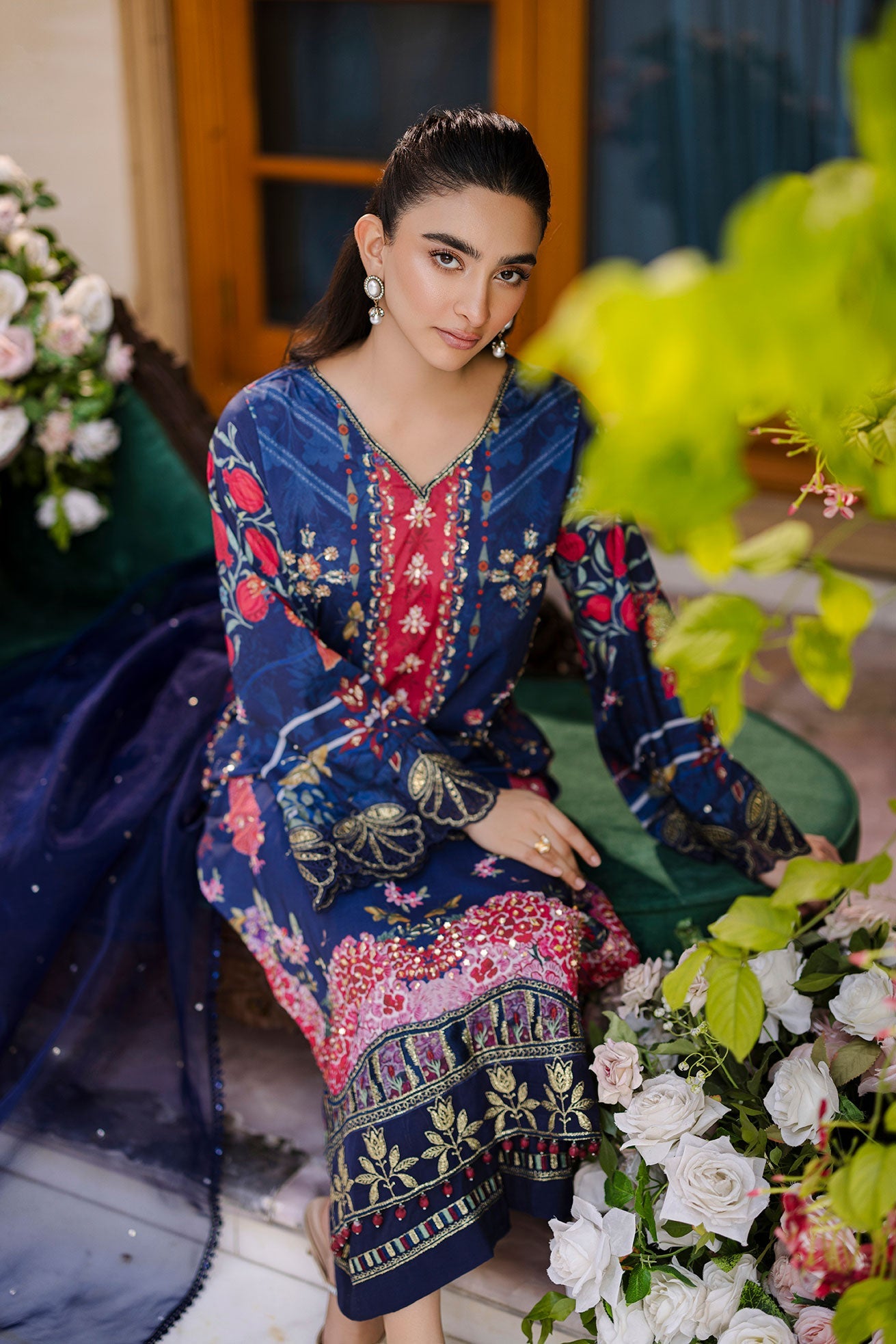 Silk Tunic - 2PCS HAND EMBELLISHED SHIRT WITH TROUSER-FW25DA-2875 NAVY BLUE