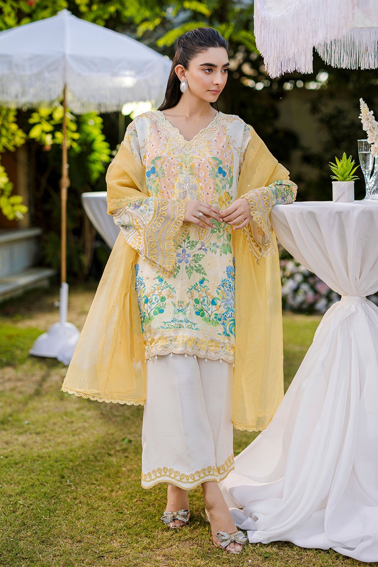 Silk Tunic - 2PCS HAND EMBELLISHED SHIRT WITH TROUSER-FW25DA-2867 YELLOW