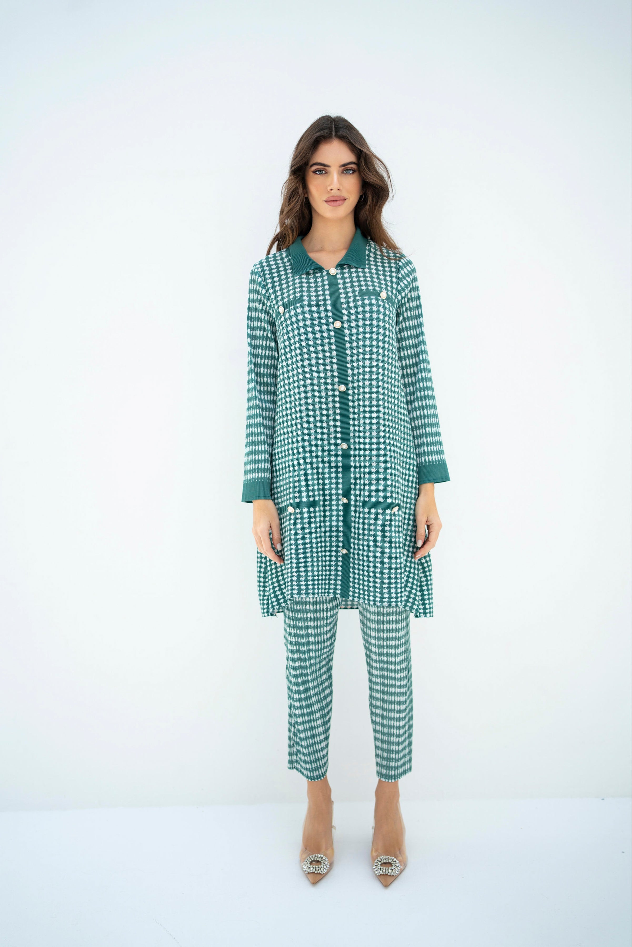 Pleated Oia Sea Green Set With Capri Pants